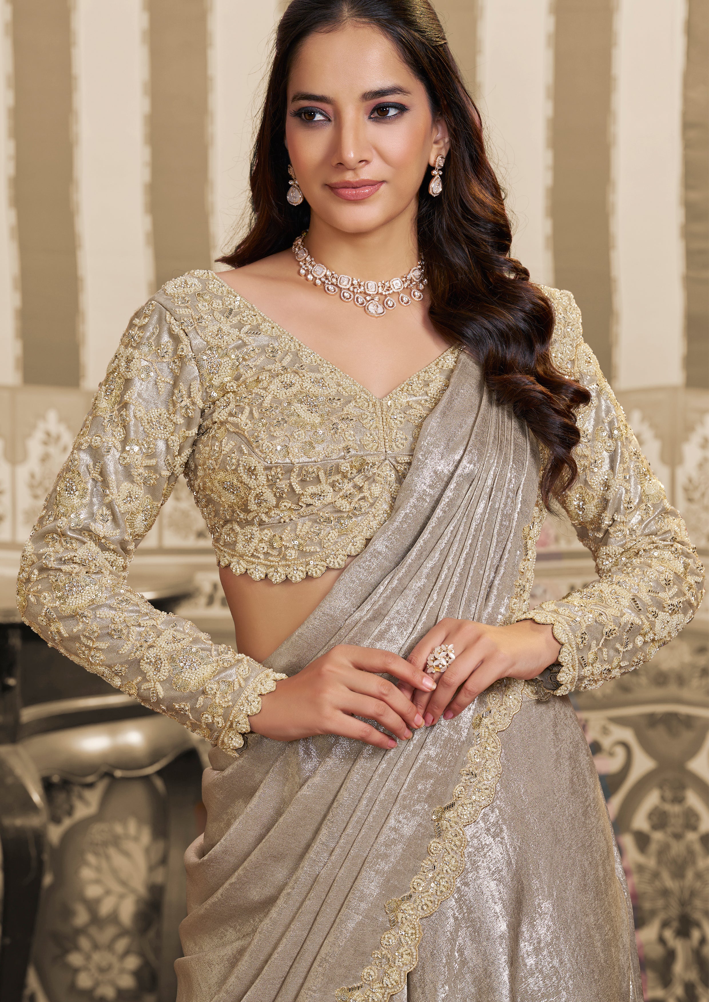 Pearl White Embellished Satin Silk Lehenga Saree