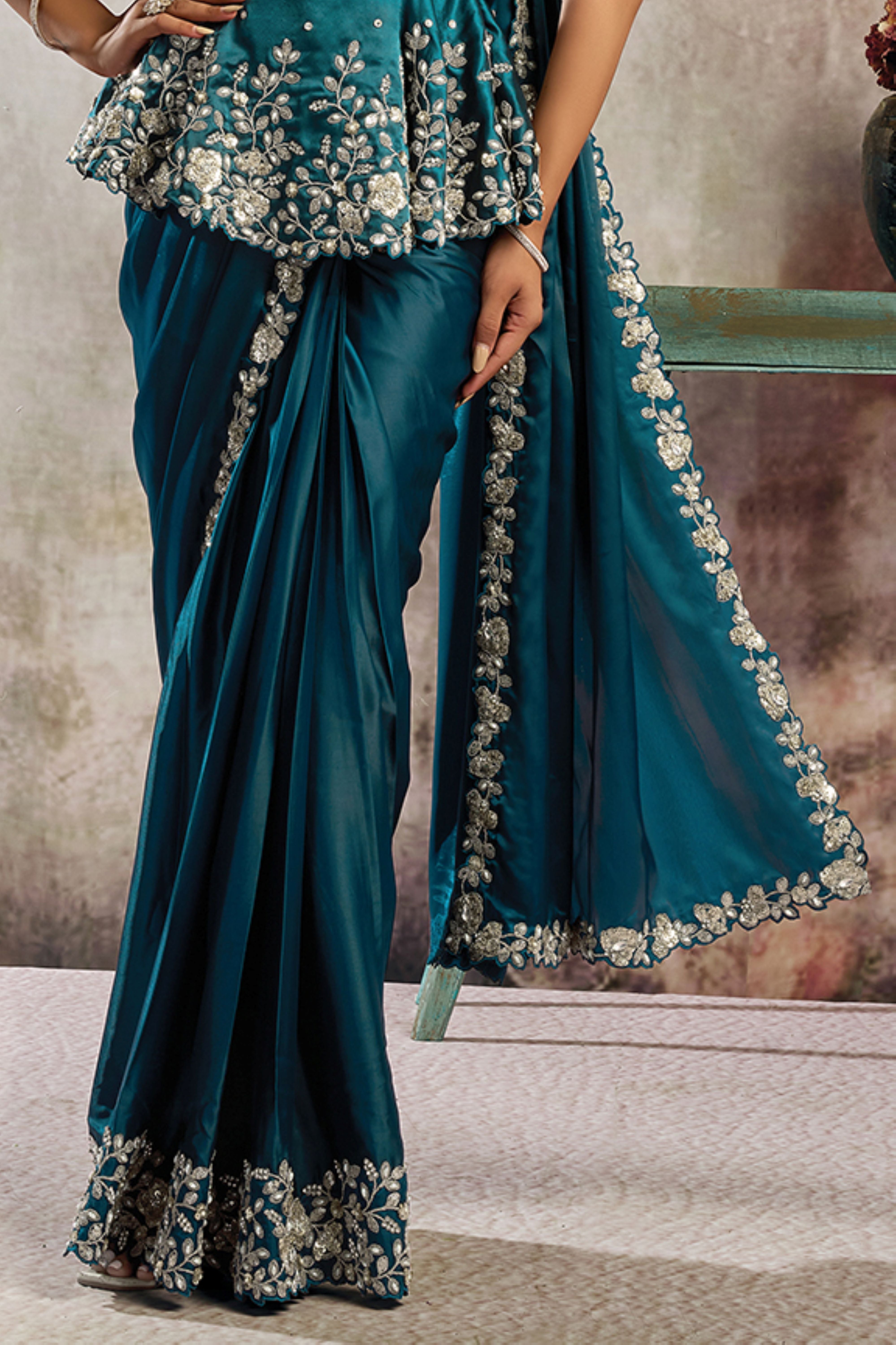 Teal Embellished Satin Silk Draped Saree