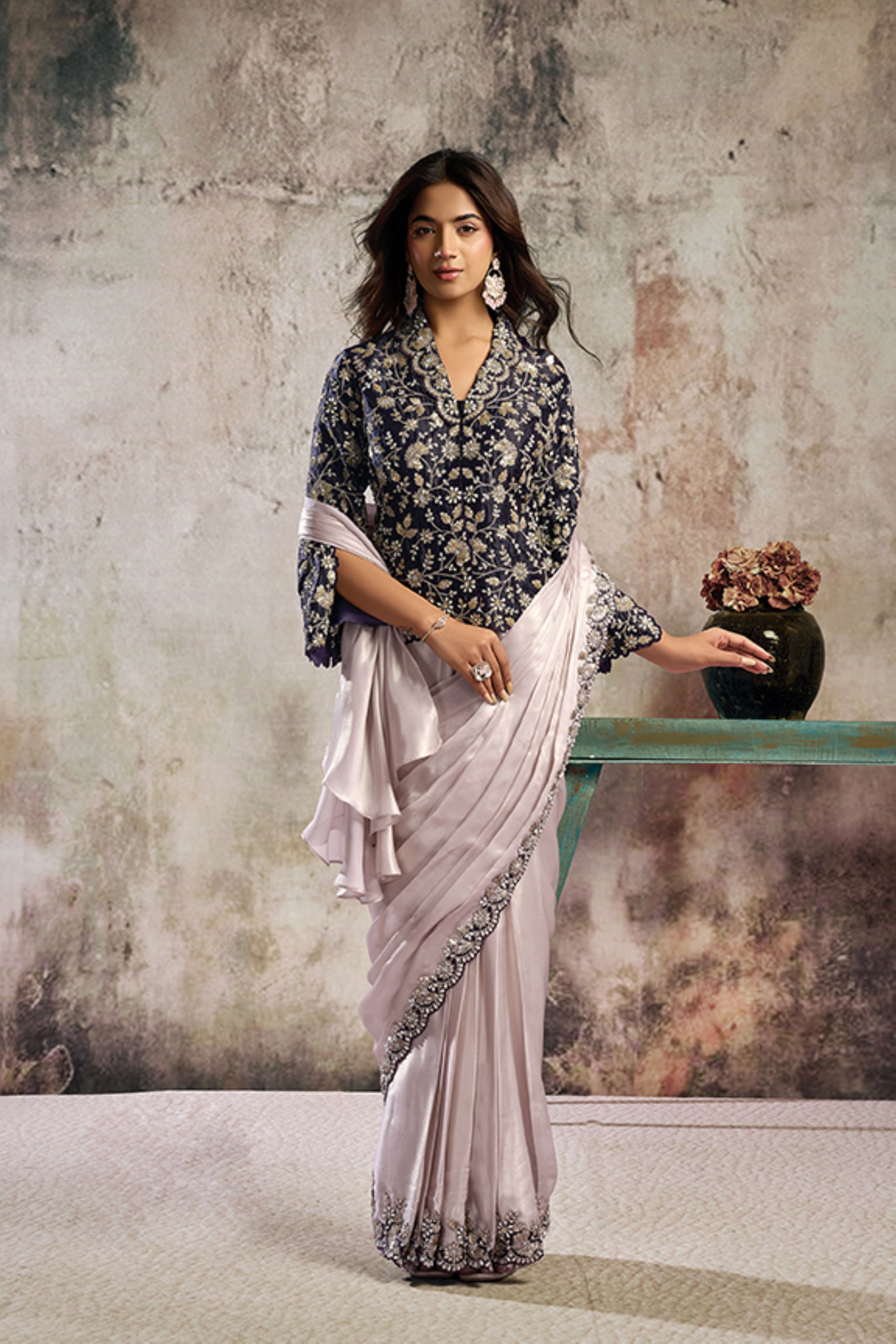 Midnight Lavender Embellished Satin Silk Draped Saree