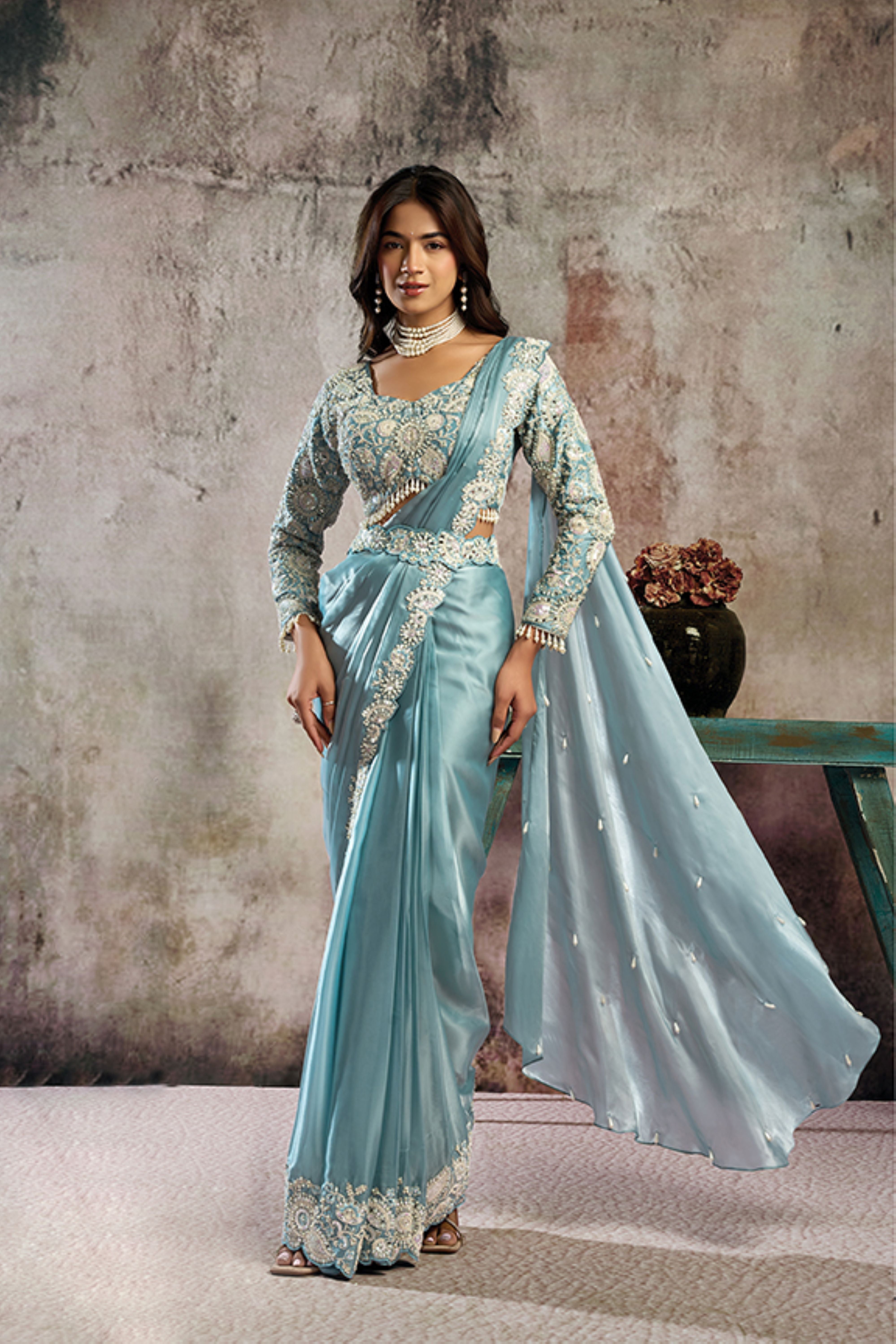 Icy Blue Embellished Satin Silk Draped Saree