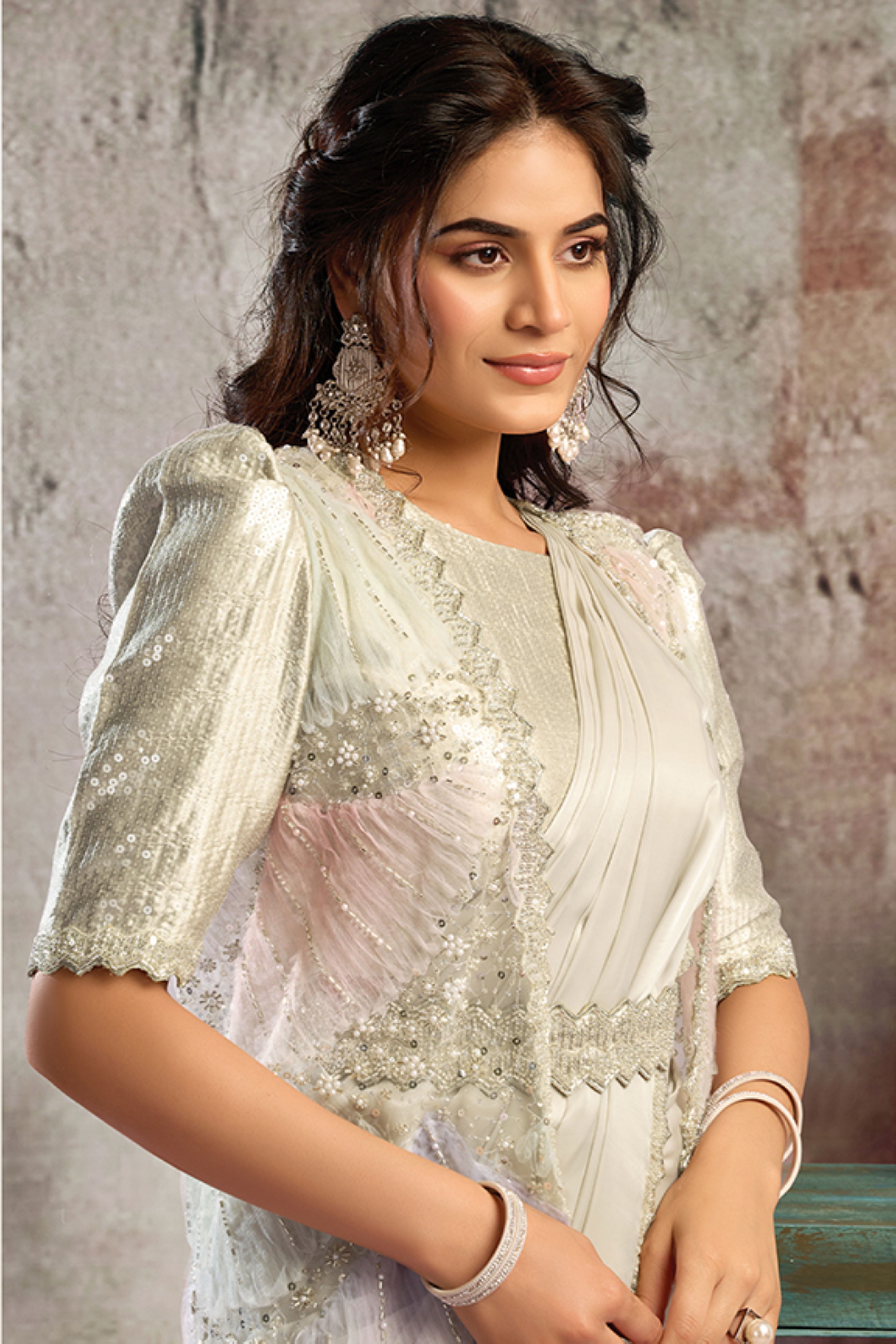 Silver Willow Embellished Satin Silk Draped Saree