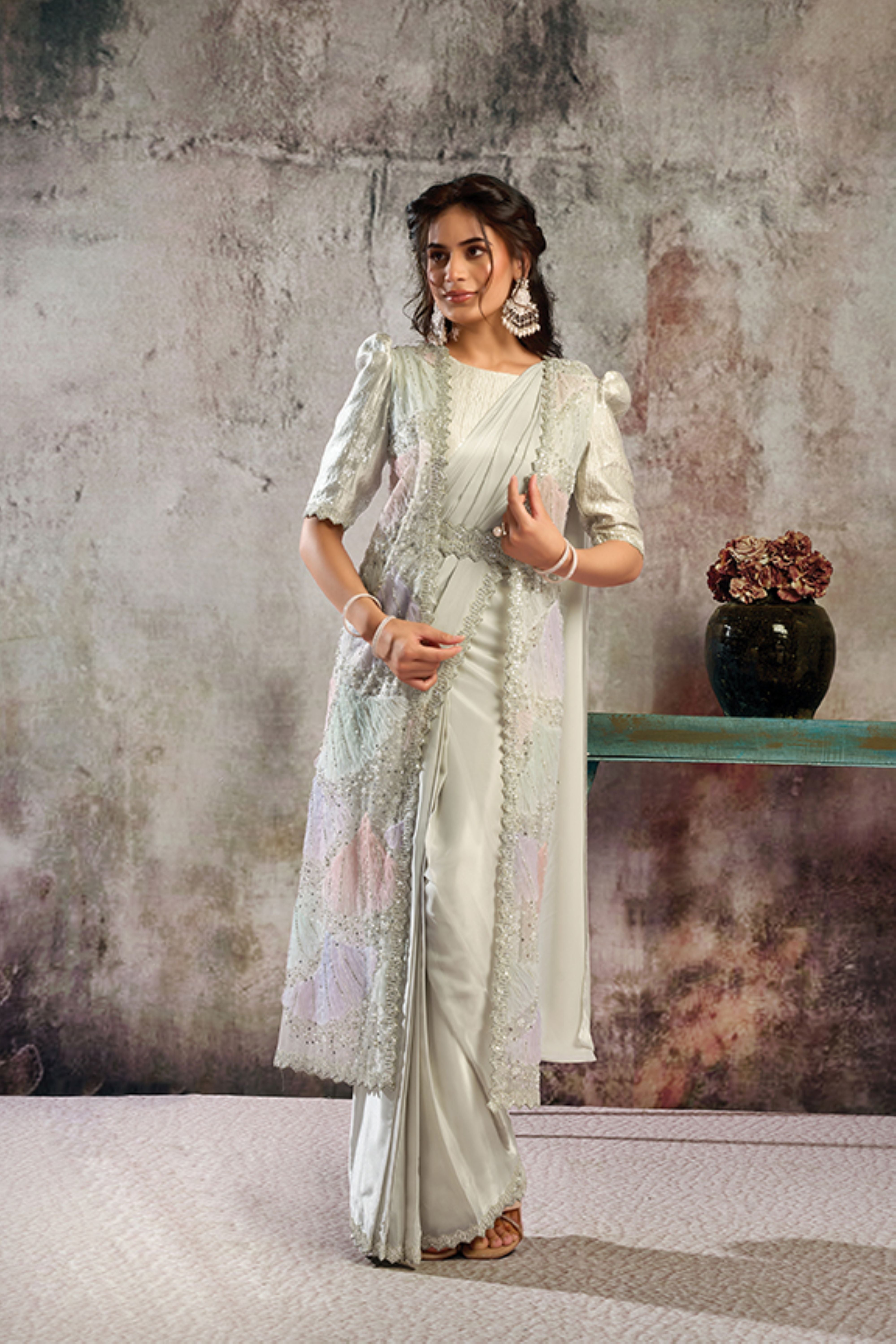 Silver Willow Embellished Satin Silk Draped Saree