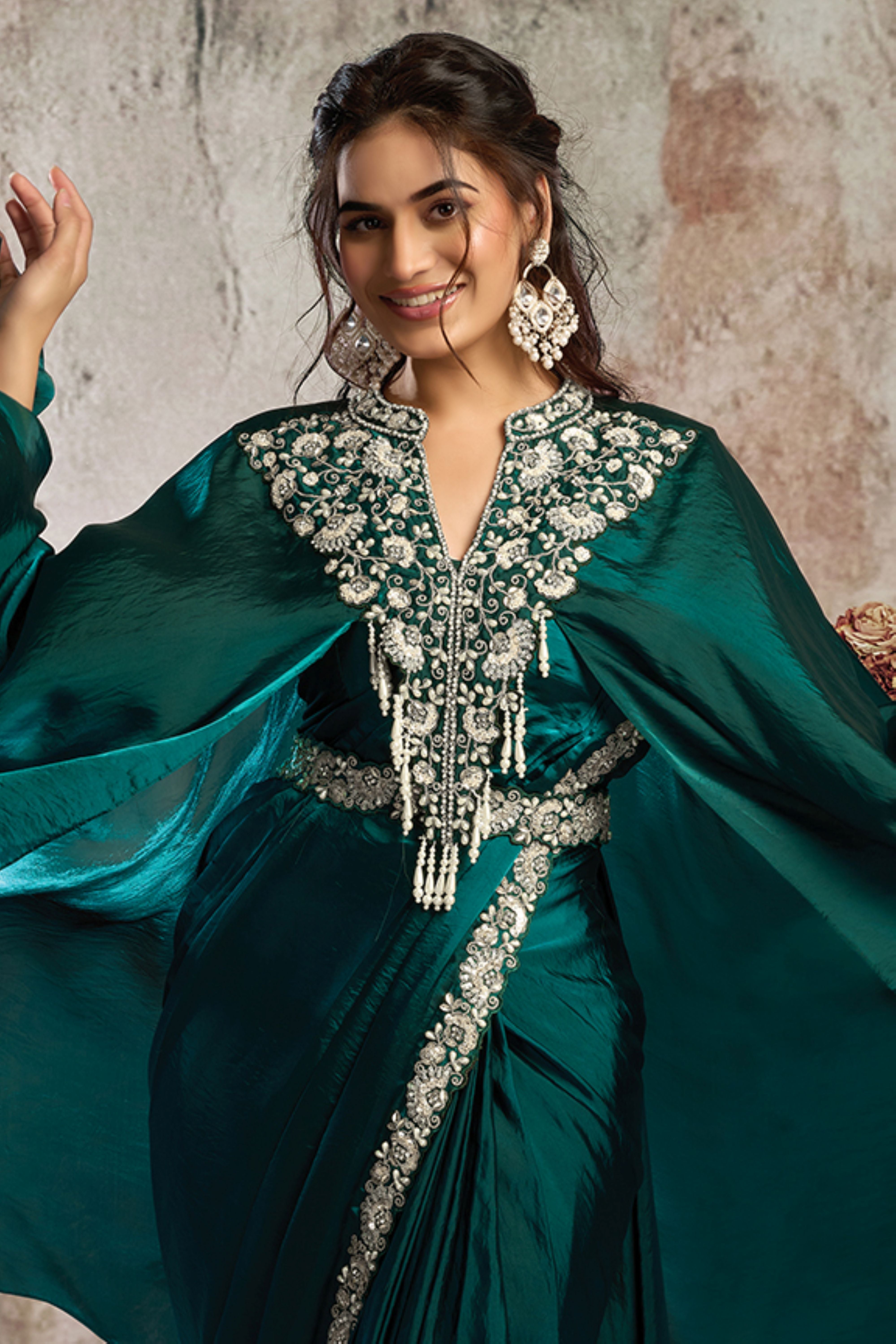 Emerald Royal Embellished Satin Silk Draped Saree