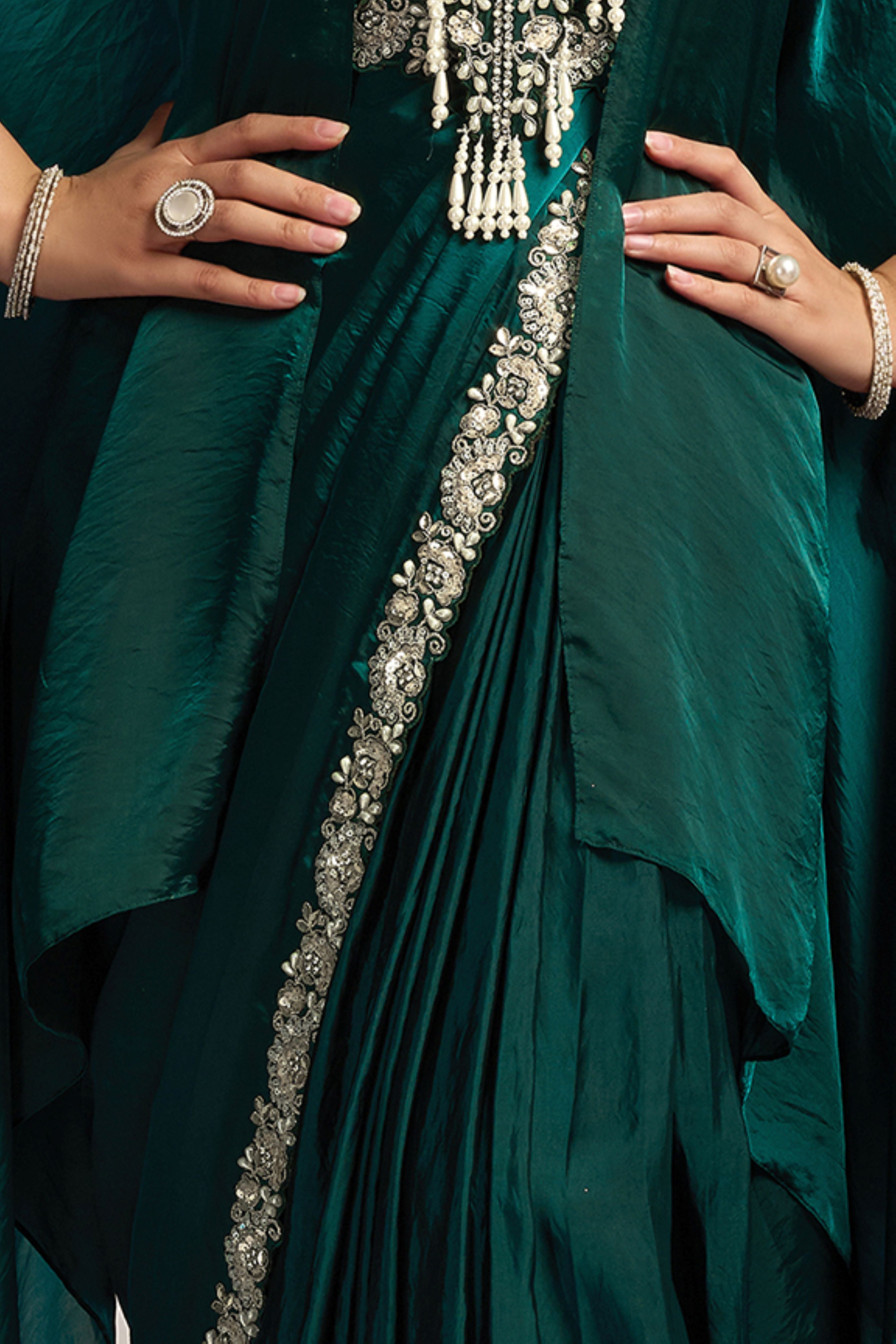 Emerald Royal Embellished Satin Silk Draped Saree