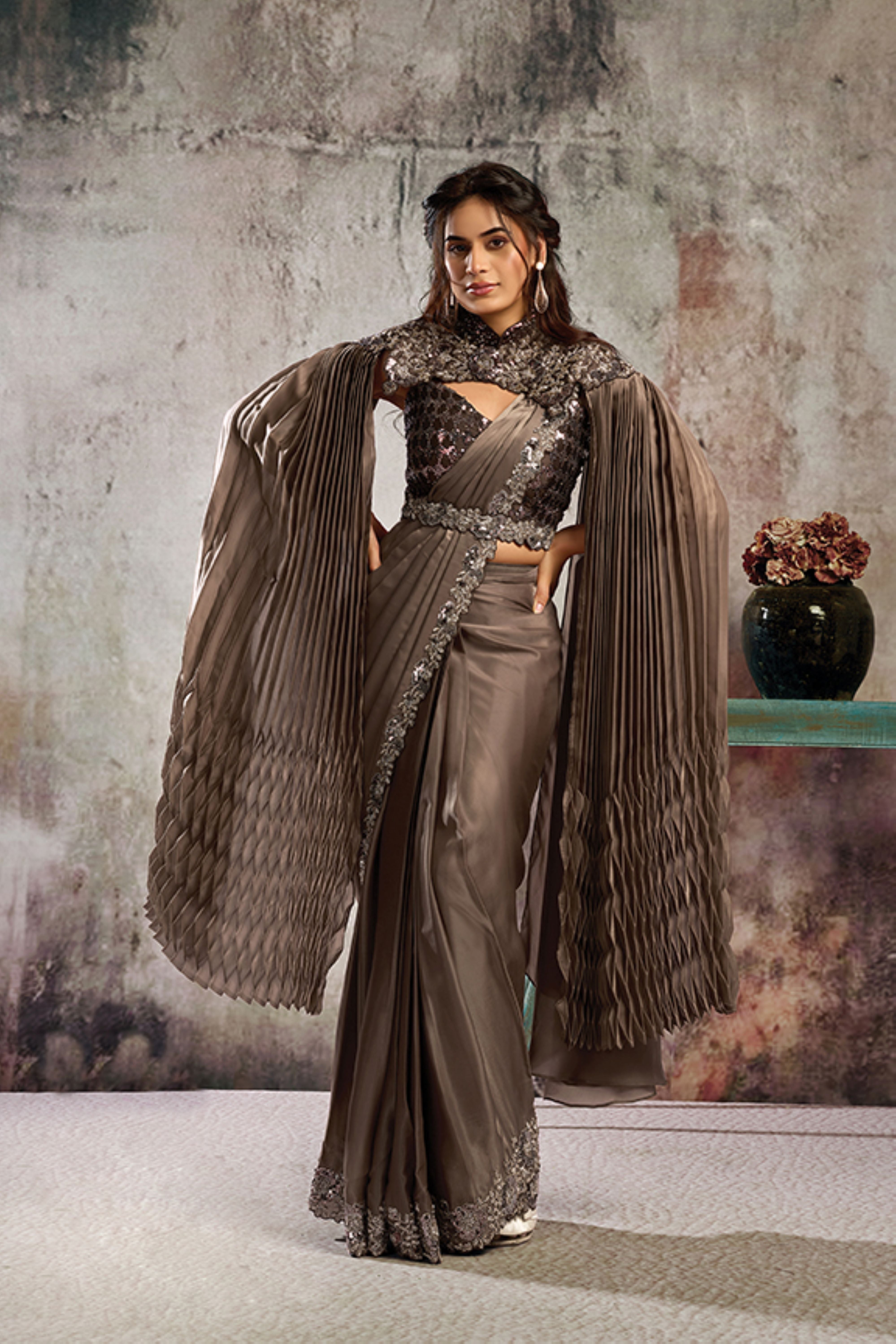 Metallic Brown Embellished Satin Silk Draped Saree