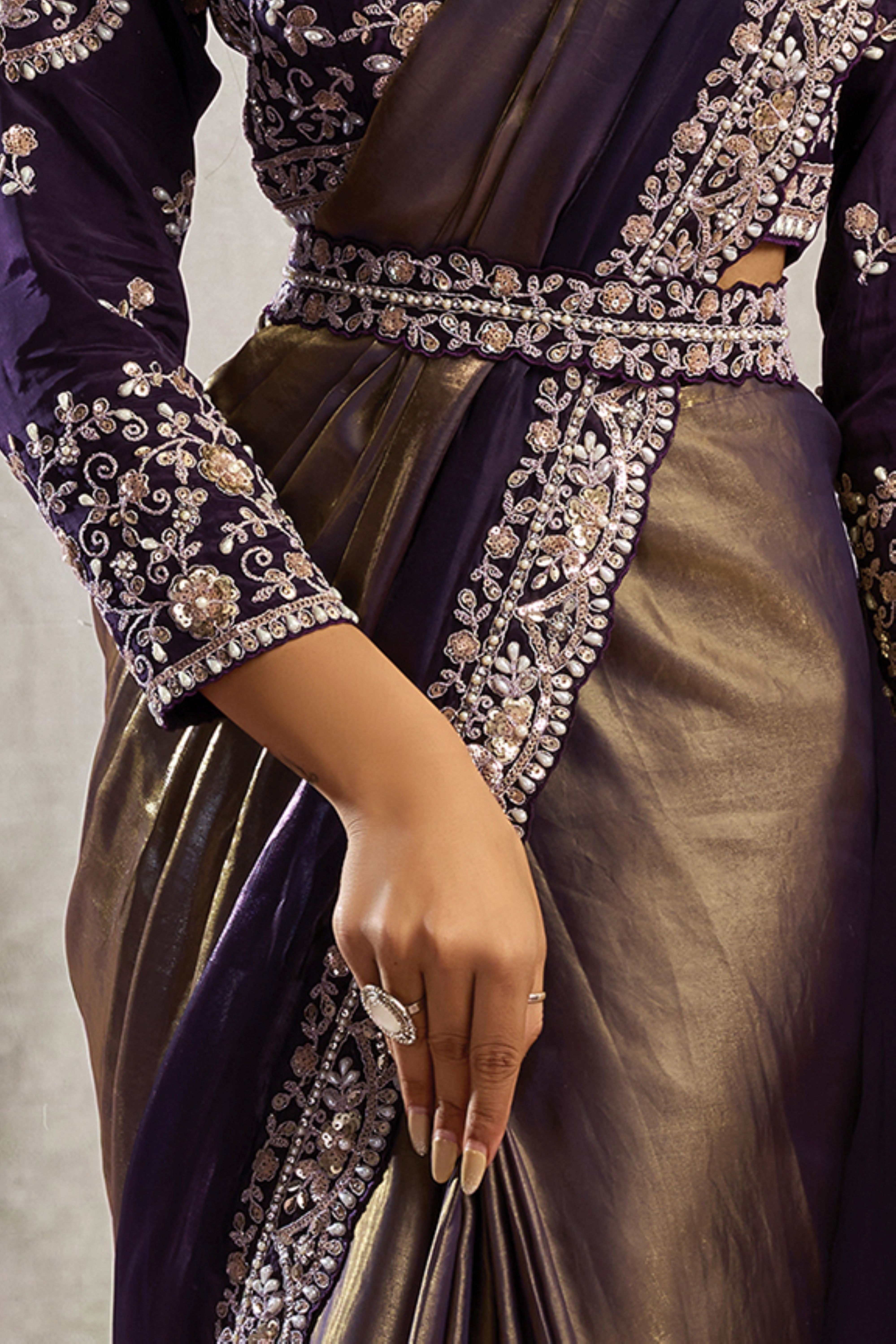 Metallic Purple Embellished Satin Silk Draped Saree