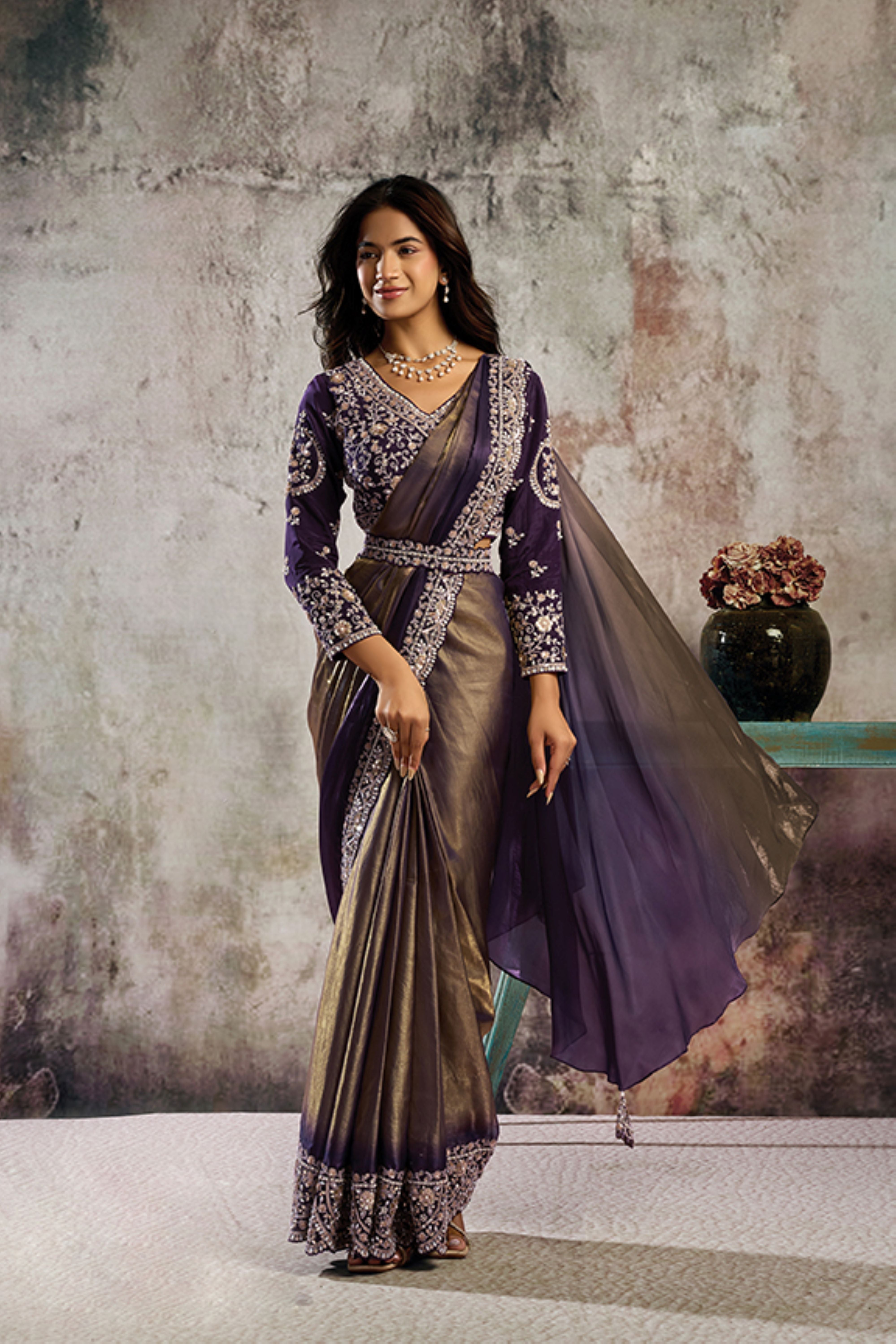 Metallic Purple Embellished Satin Silk Draped Saree
