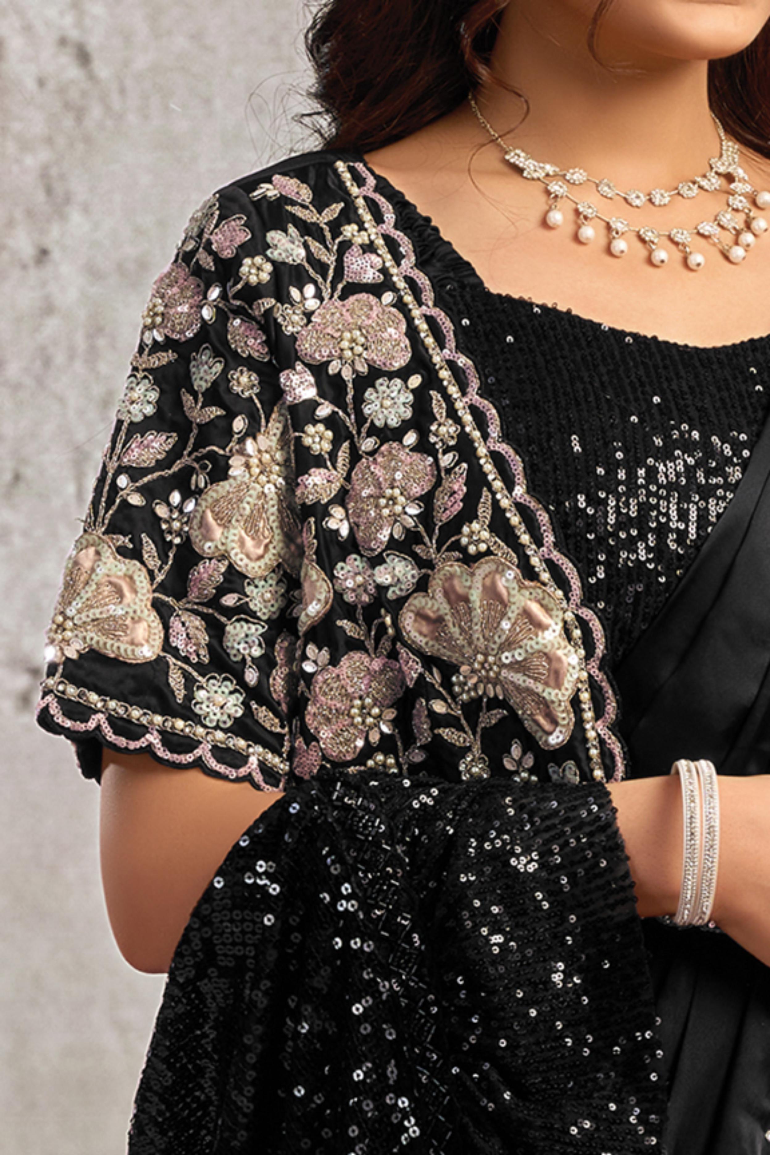 Midnight Black Embellished Satin Silk Draped Saree