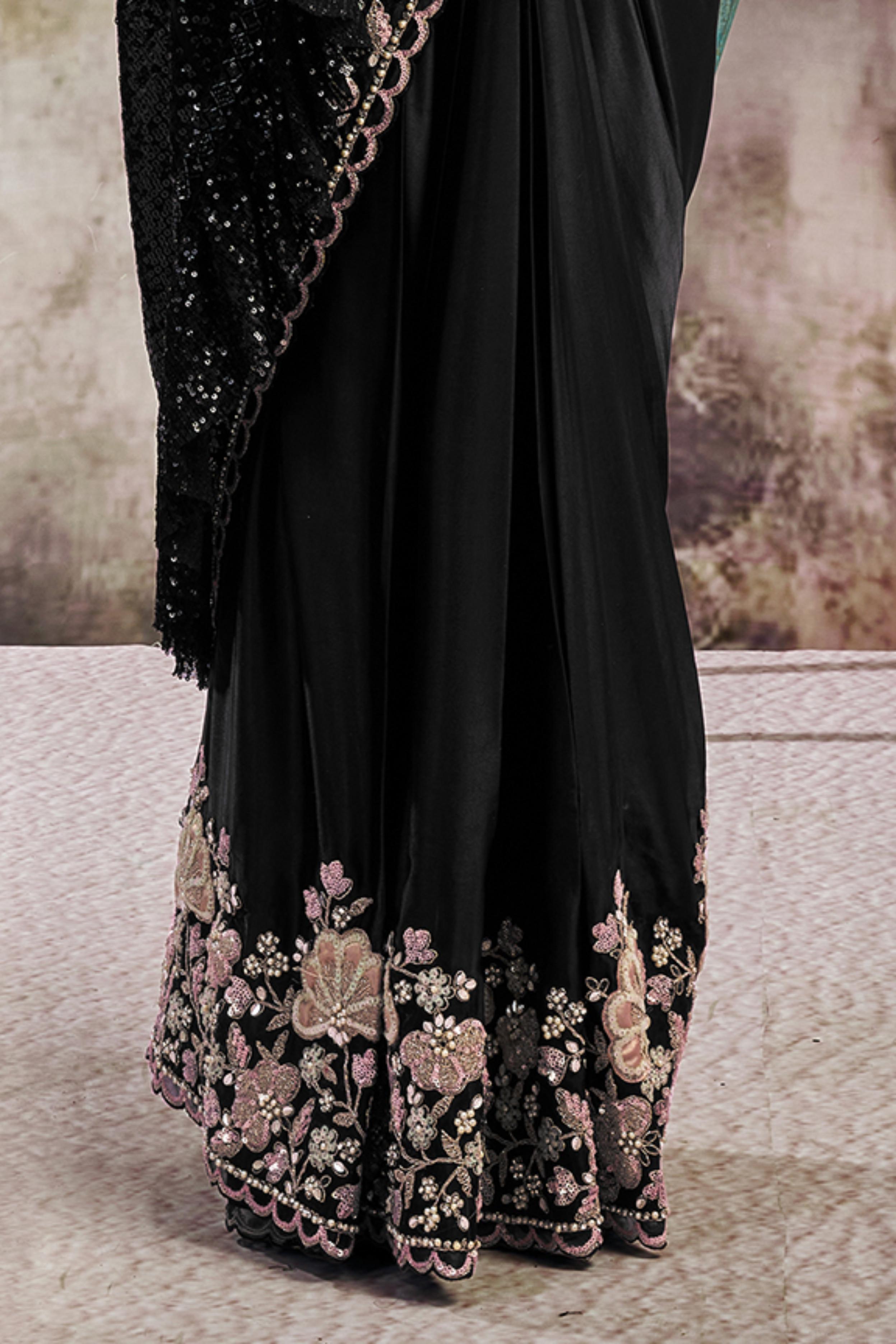 Midnight Black Embellished Satin Silk Draped Saree