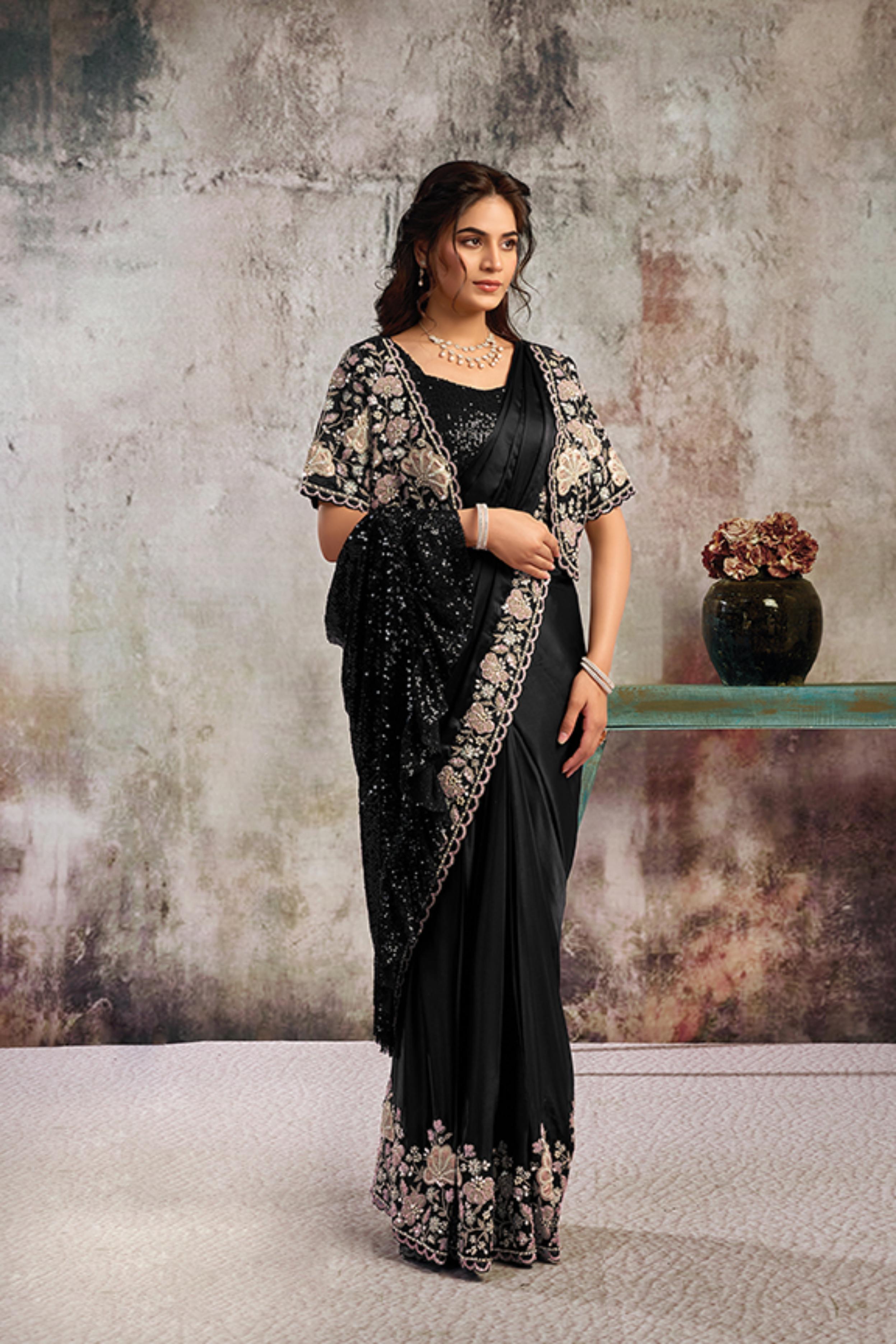 Midnight Black Embellished Satin Silk Draped Saree