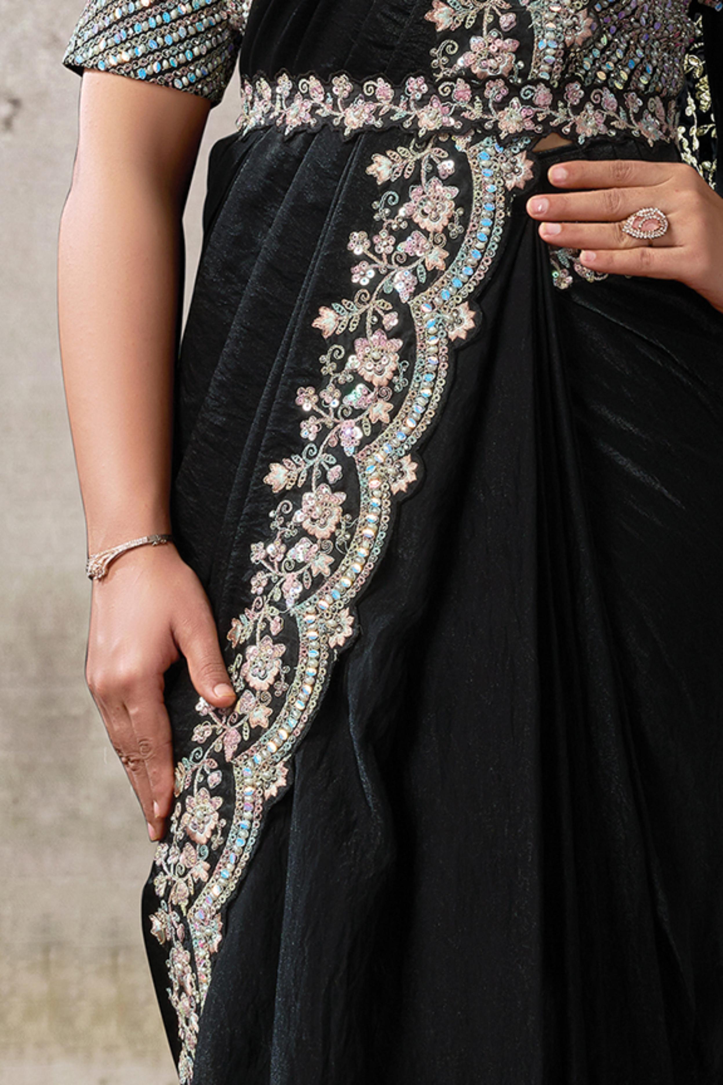 Midnight Onyx Embellished Satin Silk Draped Saree