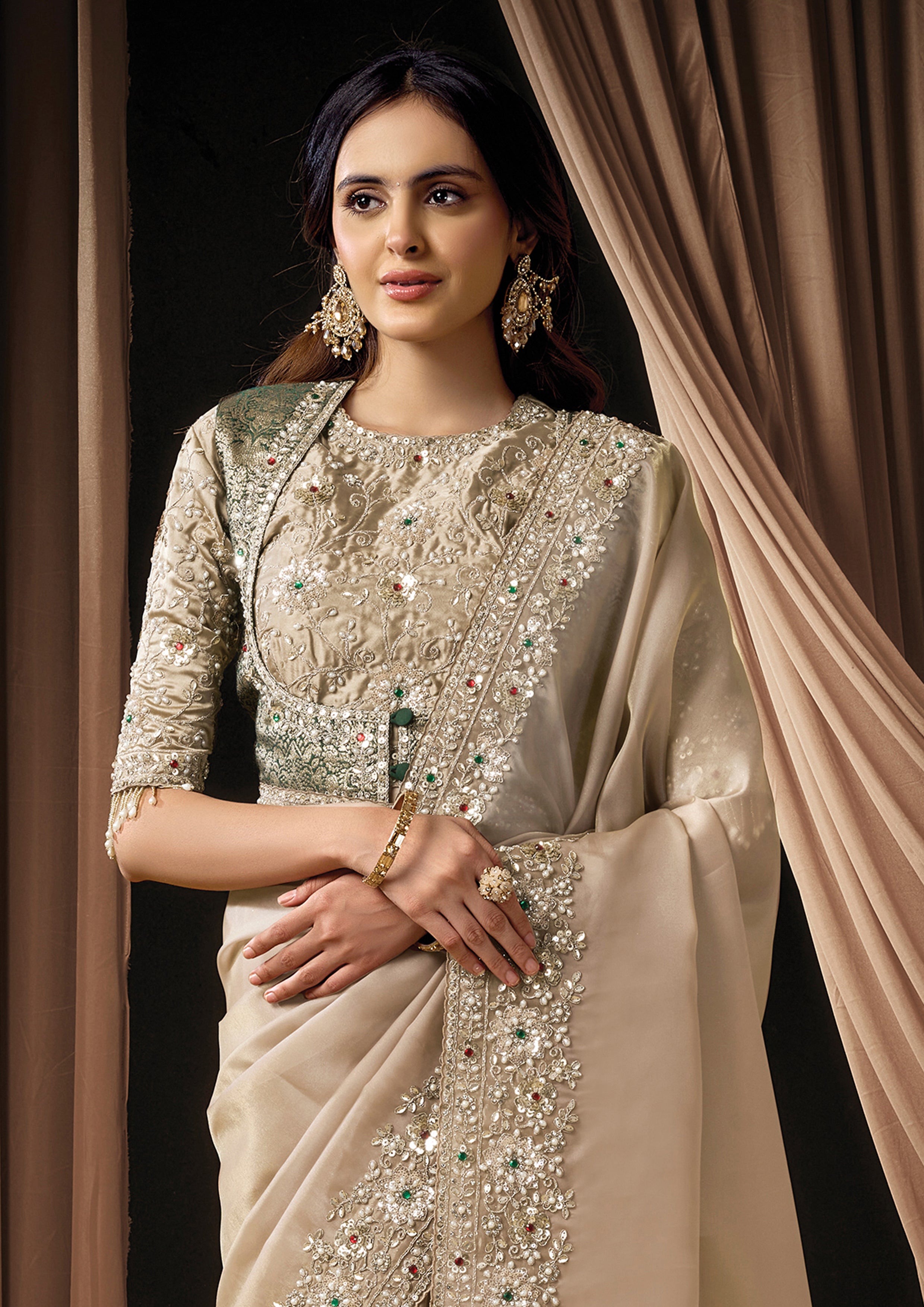 Premium Beige Embellished Organza Satin Silk Saree
