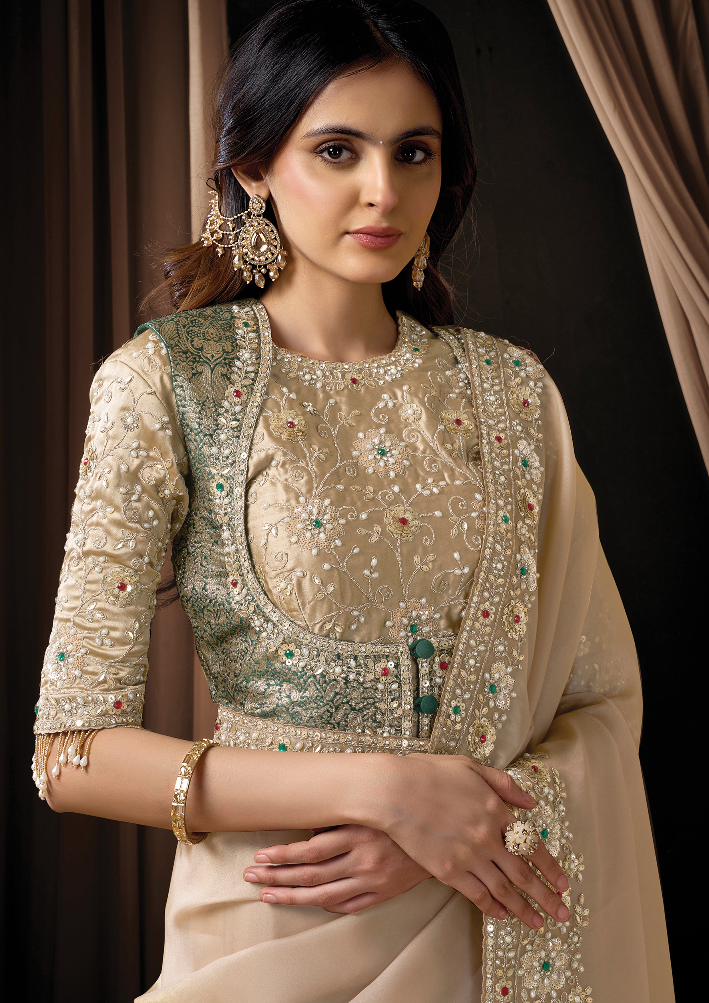 Premium Beige Embellished Organza Satin Silk Saree