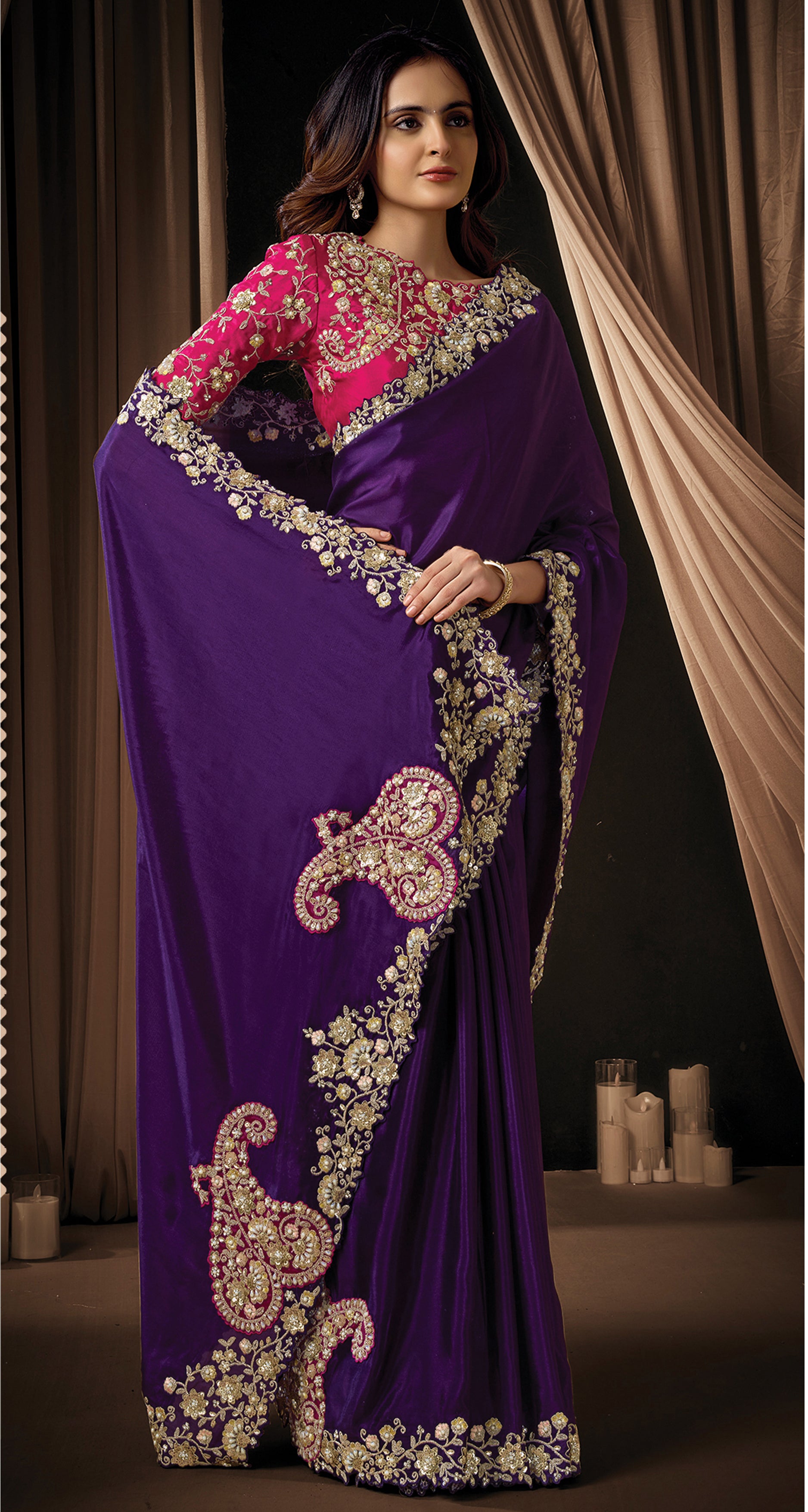 Dark Purple Embellished Uppada Silk Saree