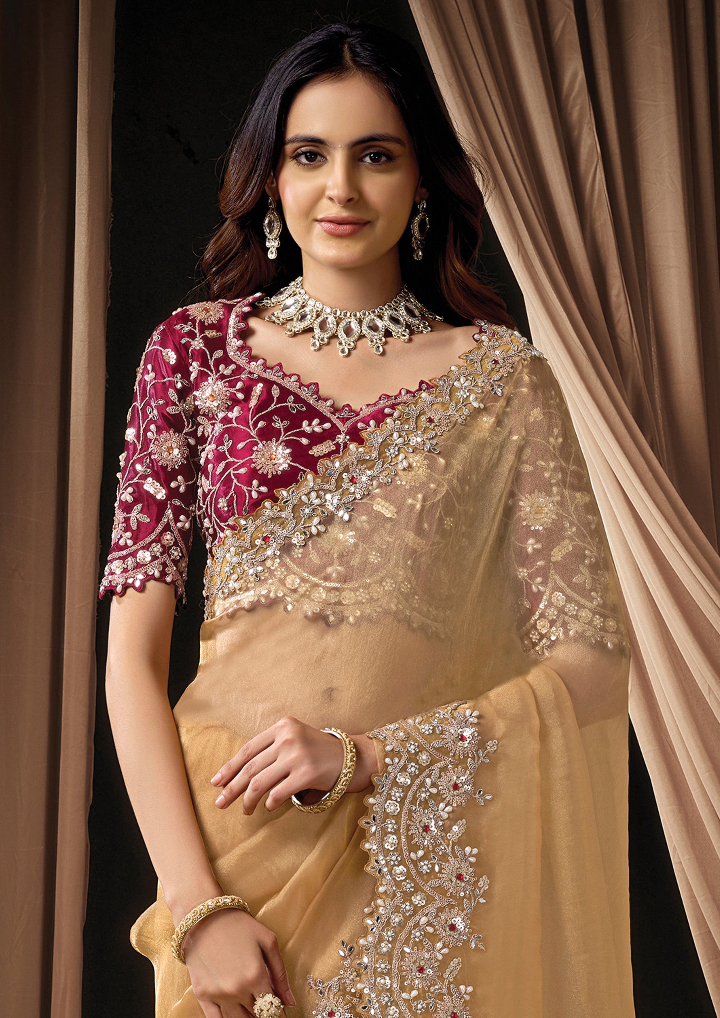 Warm Gold Embellished Organza Tissue Saree