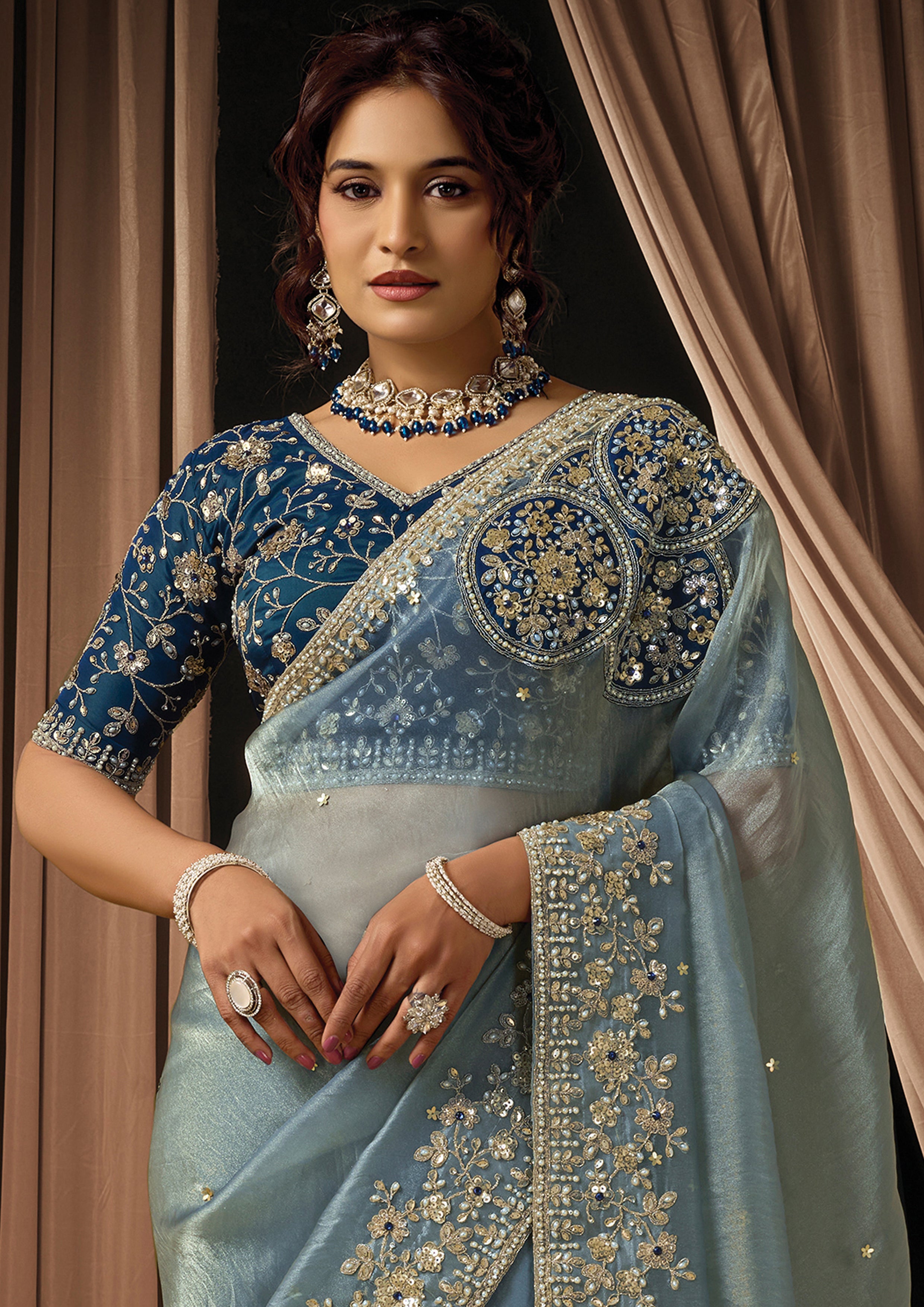 Ice Gray Embellished Zari Organza Silk Saree