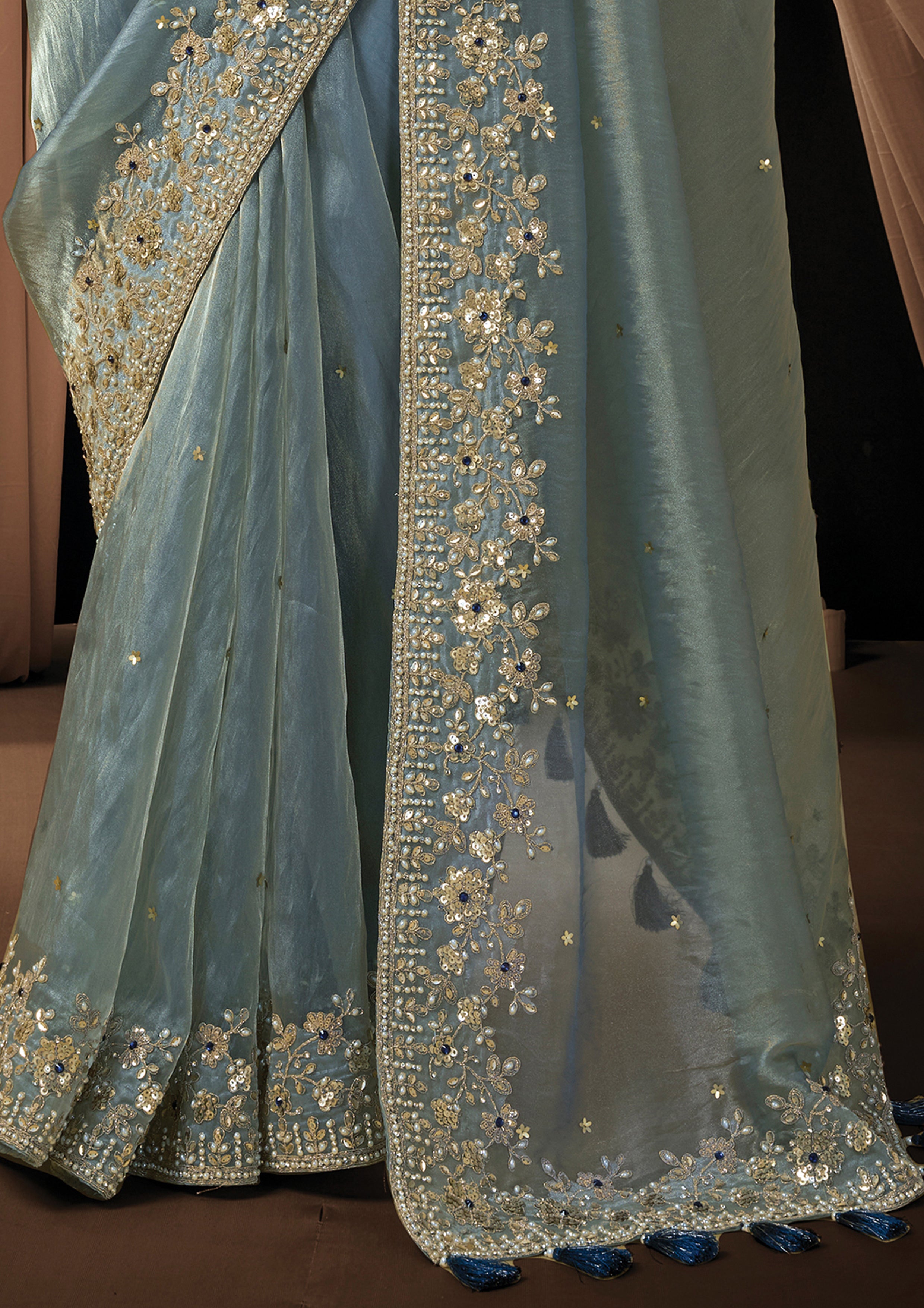 Ice Gray Embellished Zari Organza Silk Saree