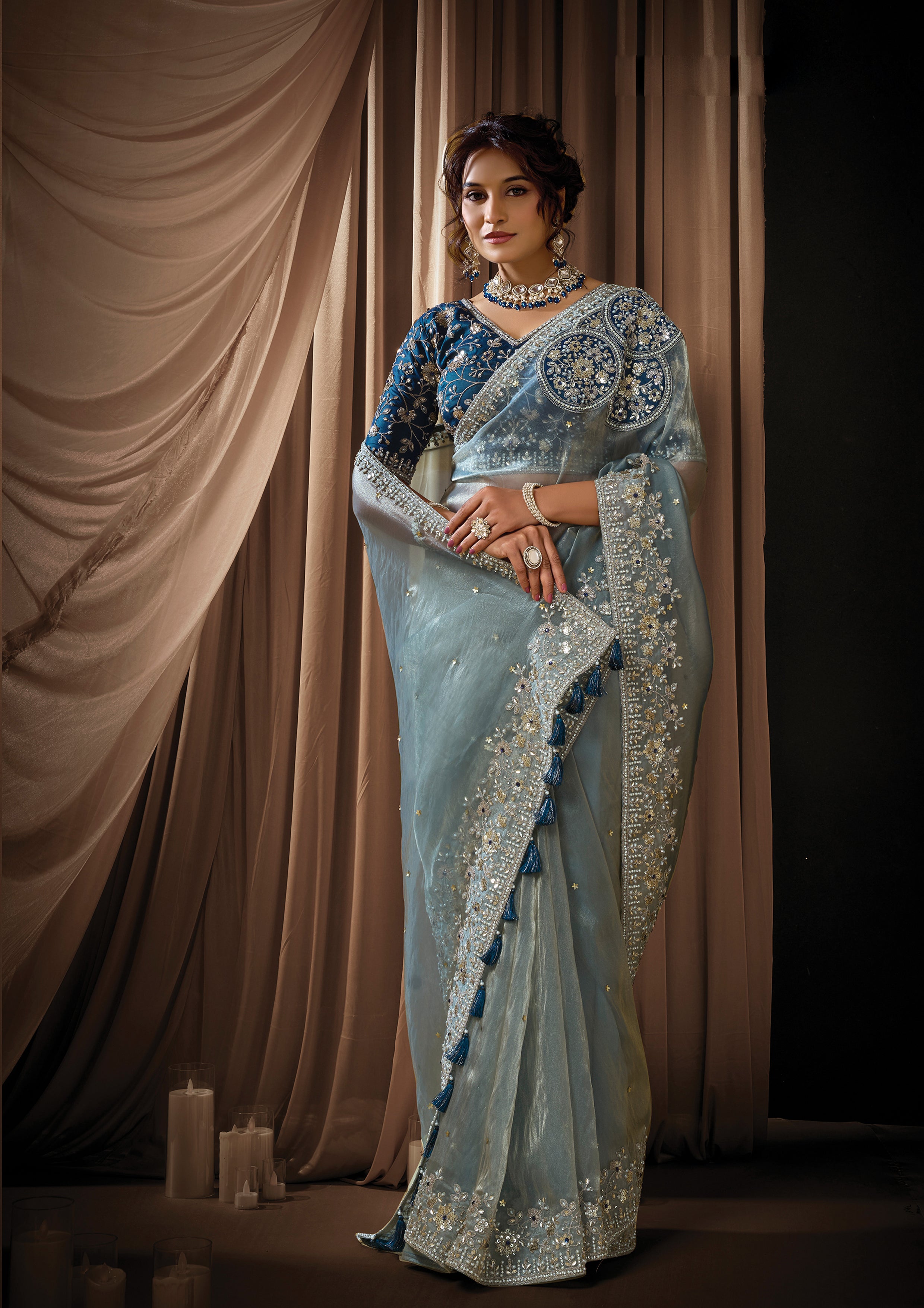 Ice Gray Embellished Zari Organza Silk Saree