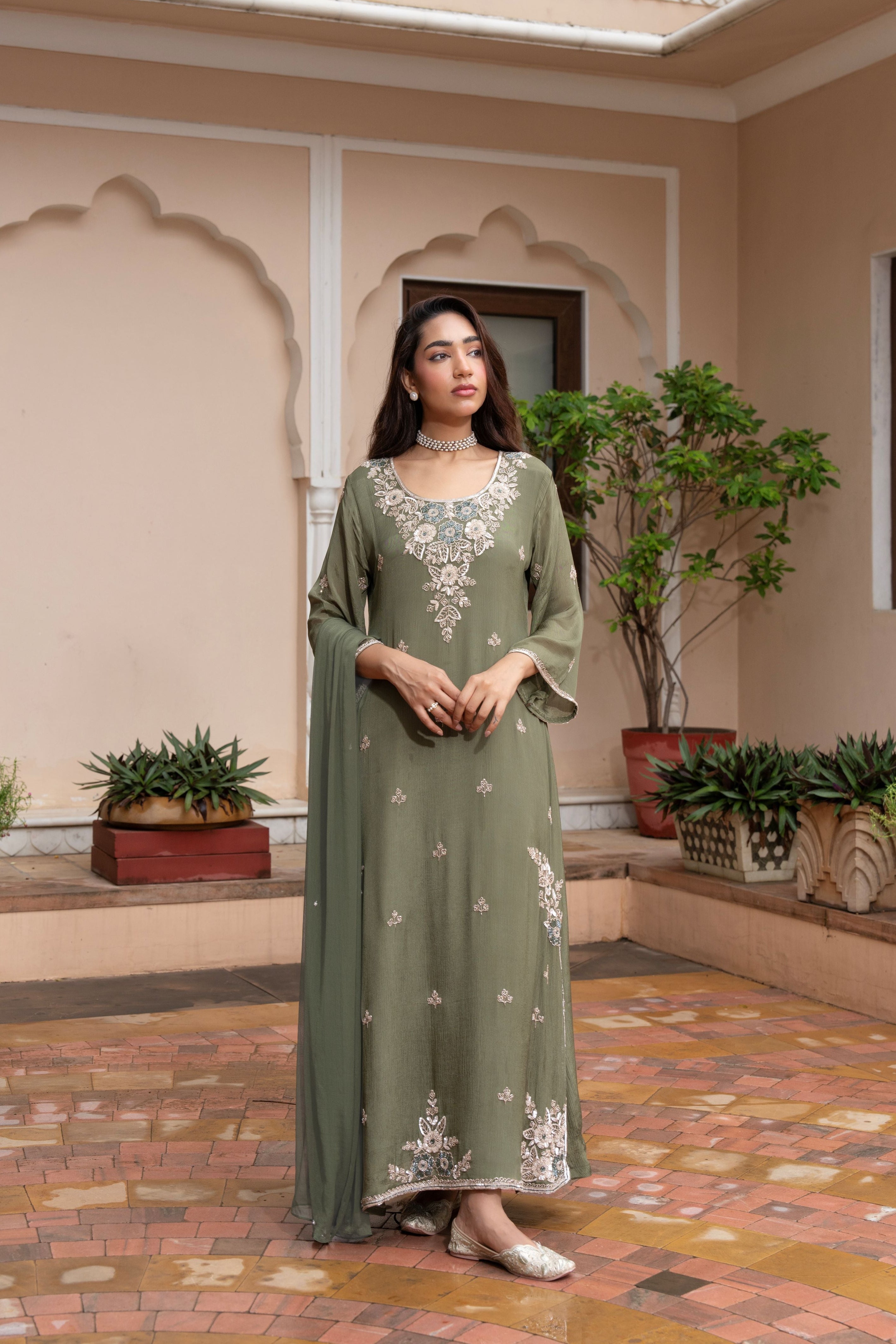 Olive Muse Embellished Chinon Silk Kurta Set