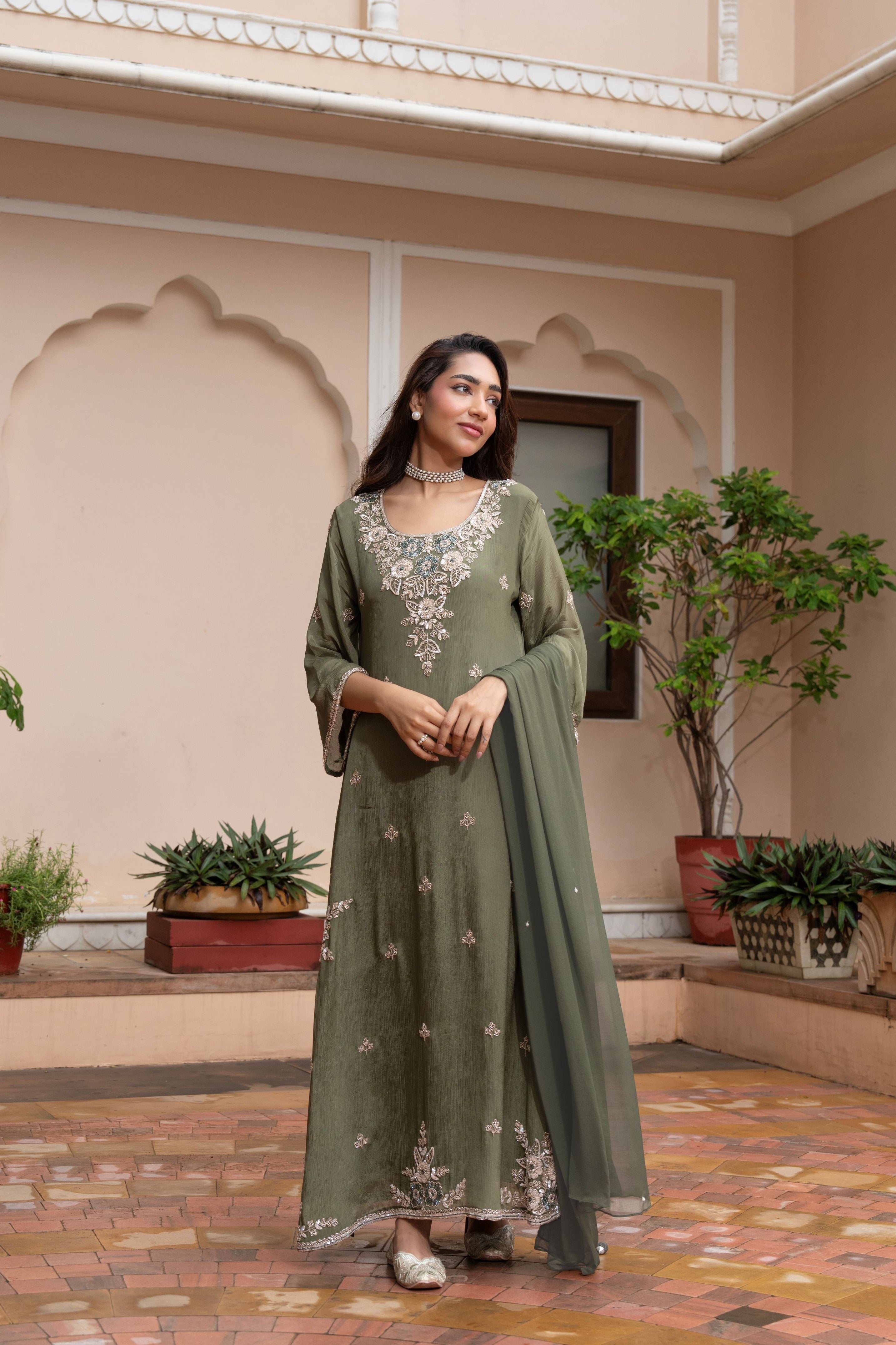 Olive Muse Embellished Chinon Silk Kurta Set