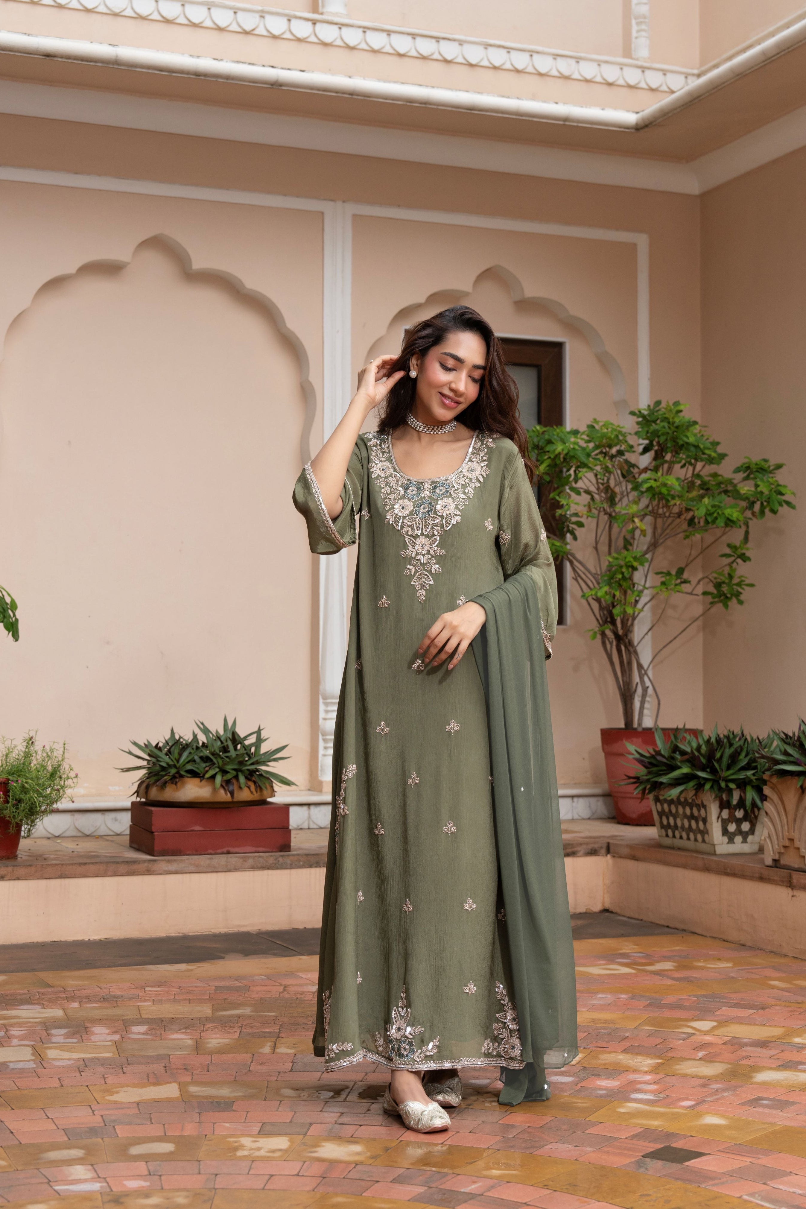 Olive Muse Embellished Chinon Silk Kurta Set