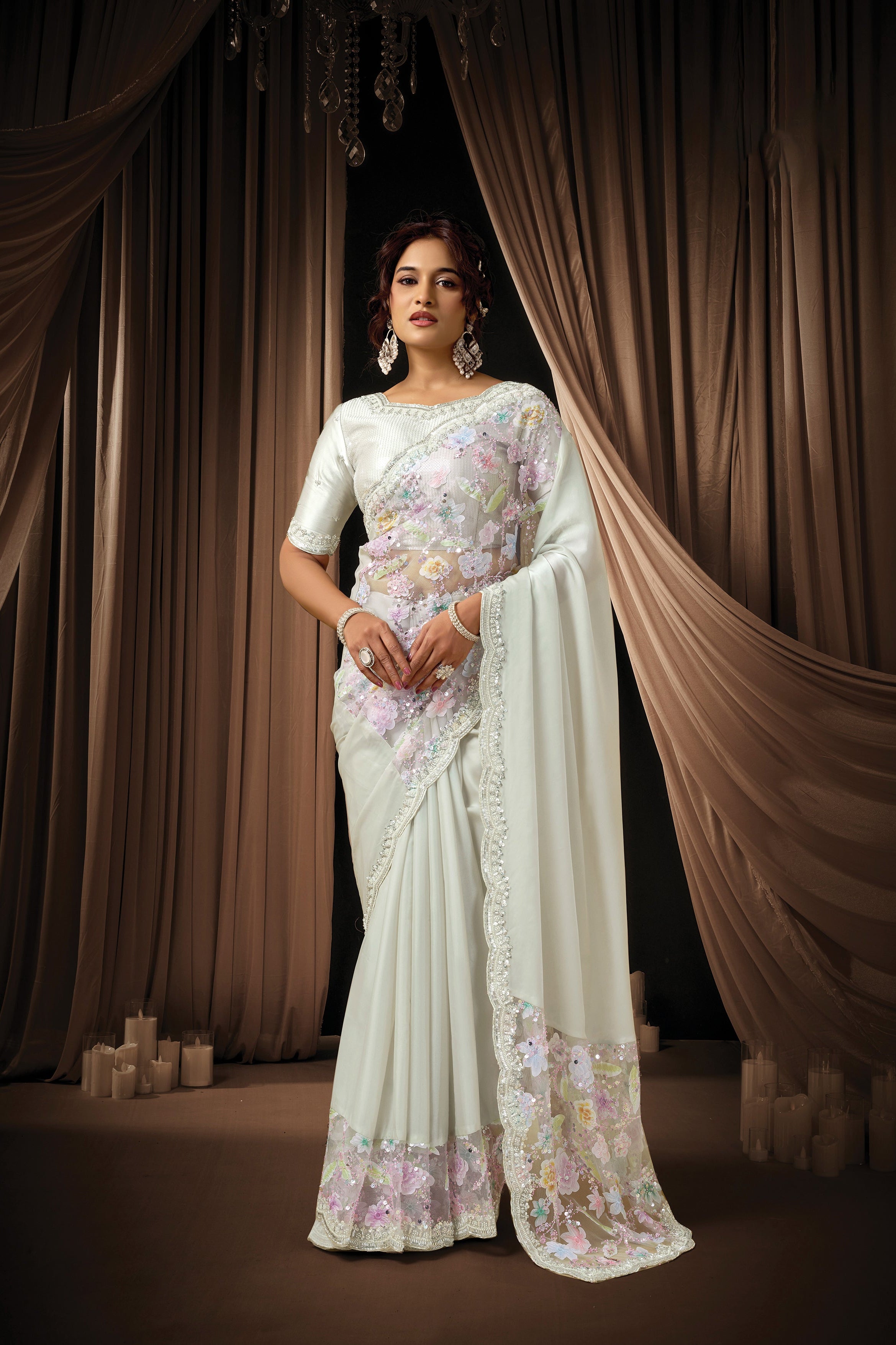 Light Grey Embellished Satin Silk Saree