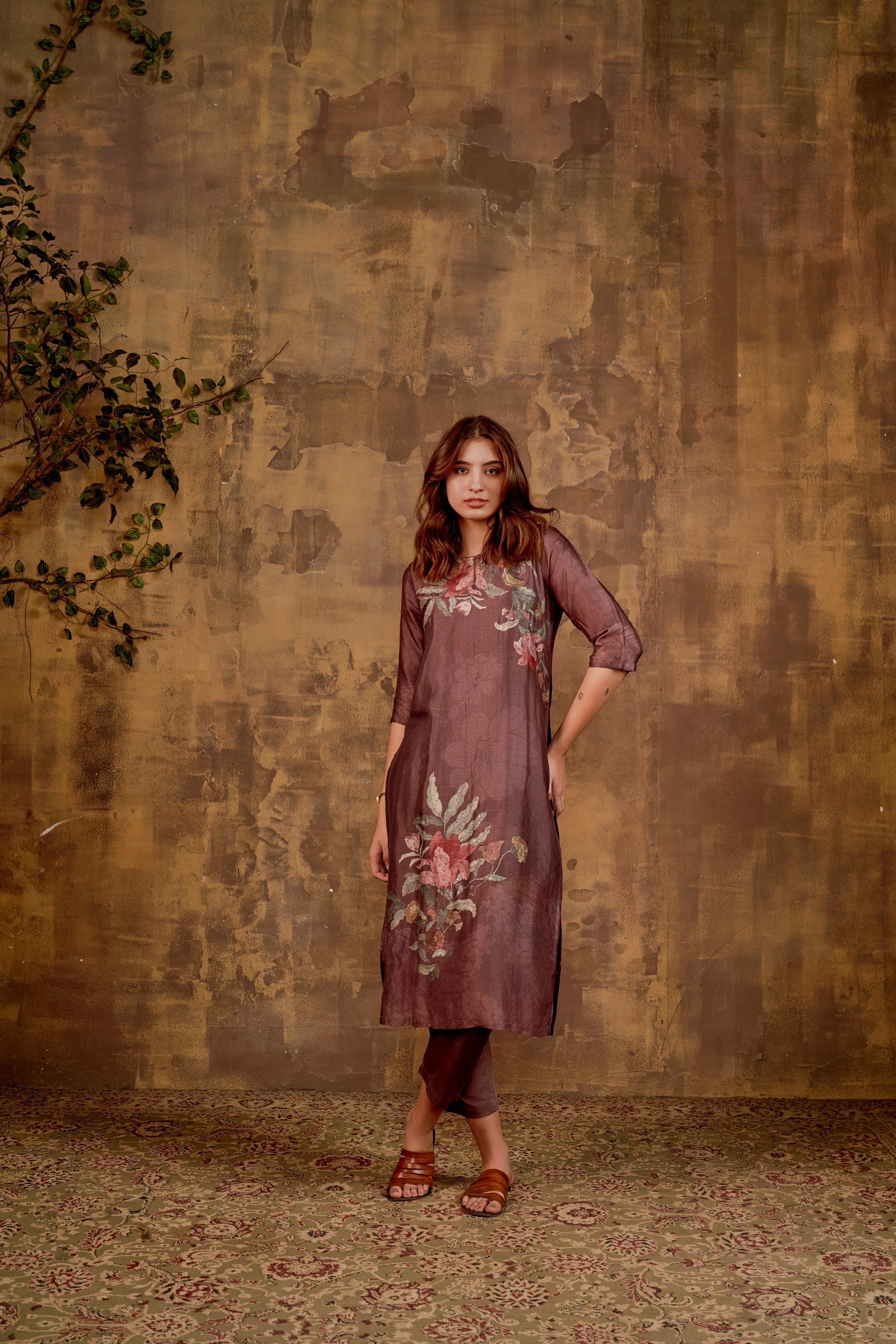 Brown Floral Printed Muslin Silk Kurta Pants Set