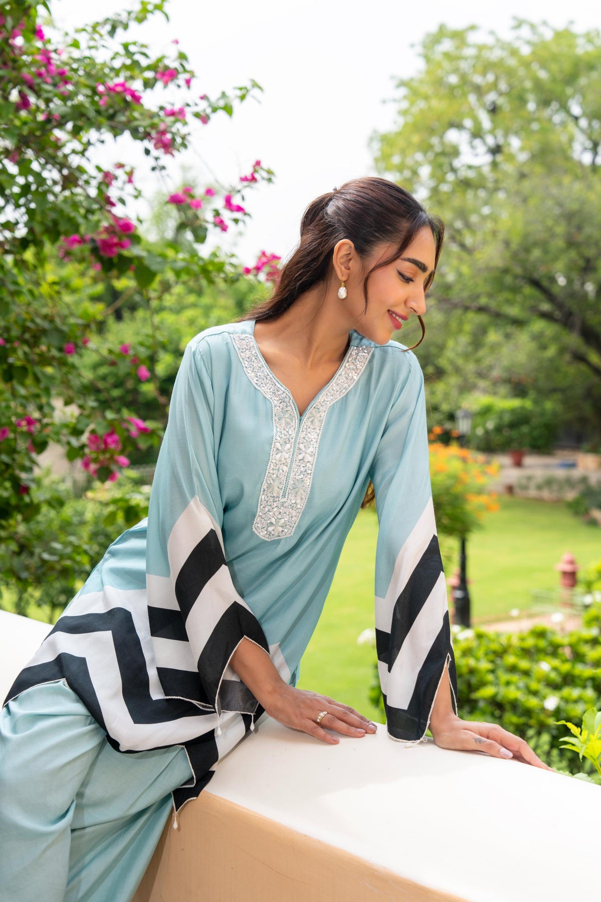 Powder Blue Embellished Crepe Silk Pant Set