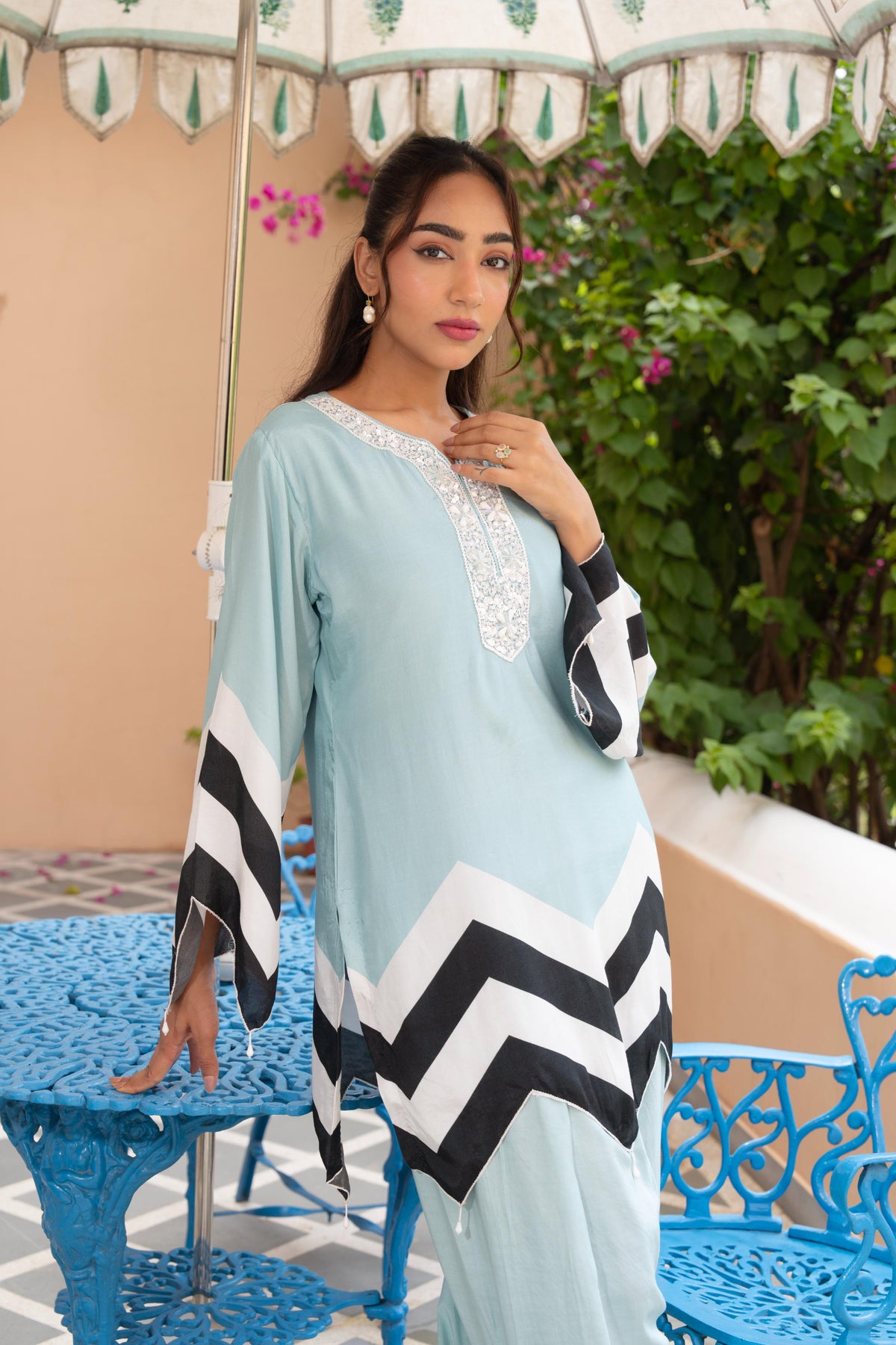 Powder Blue Embellished Crepe Silk Pant Set