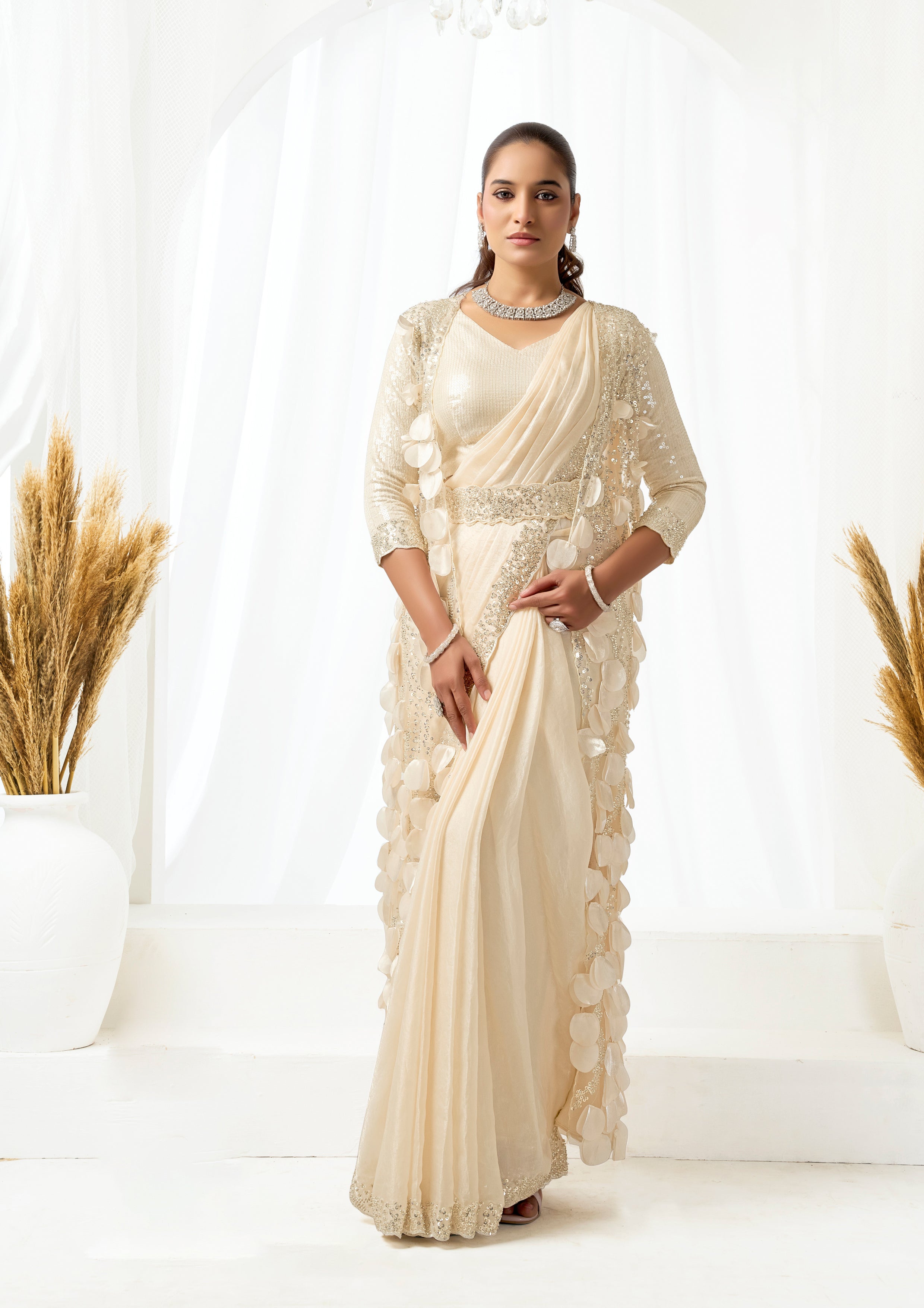Pearl Cream Embellished Satin Silk Saree with Jacket