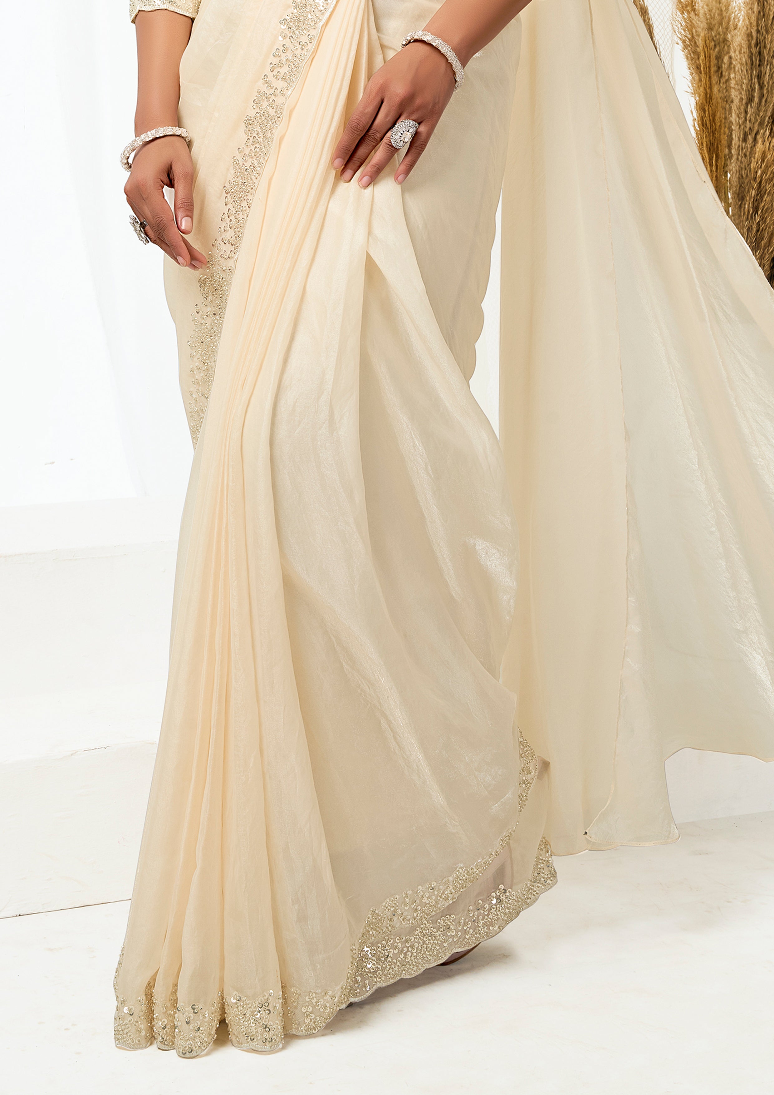 Pearl Cream Embellished Satin Silk Saree with Jacket