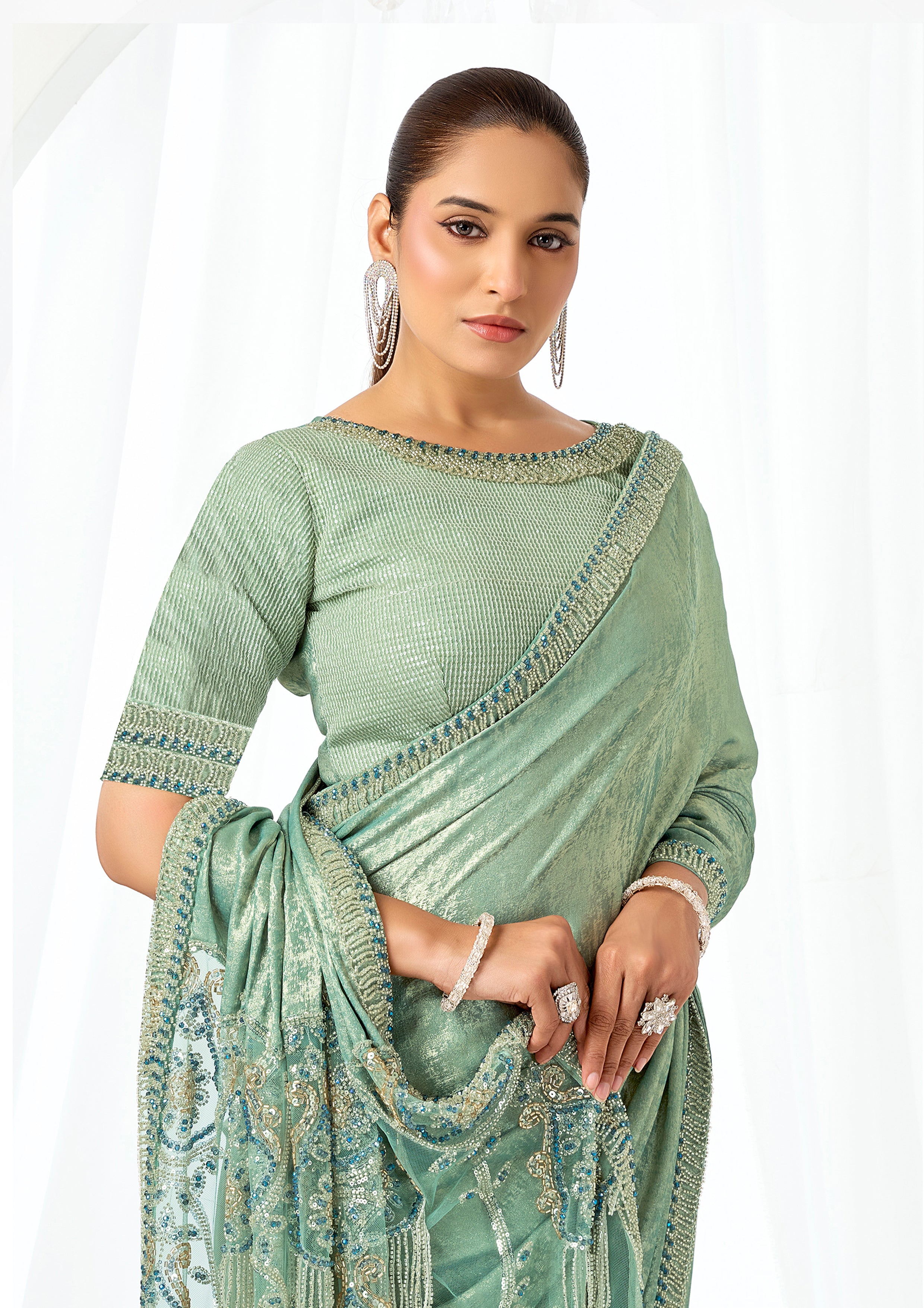 Metallic Mint Green Embellished Satin Silk Saree