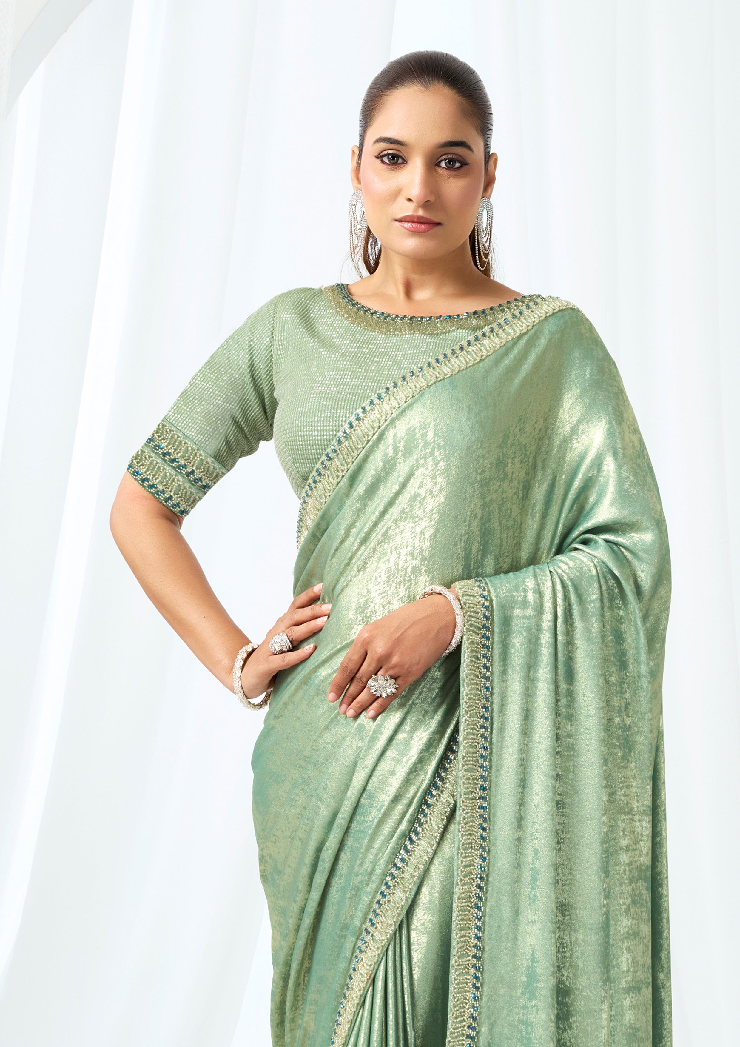 Metallic Mint Green Embellished Satin Silk Saree