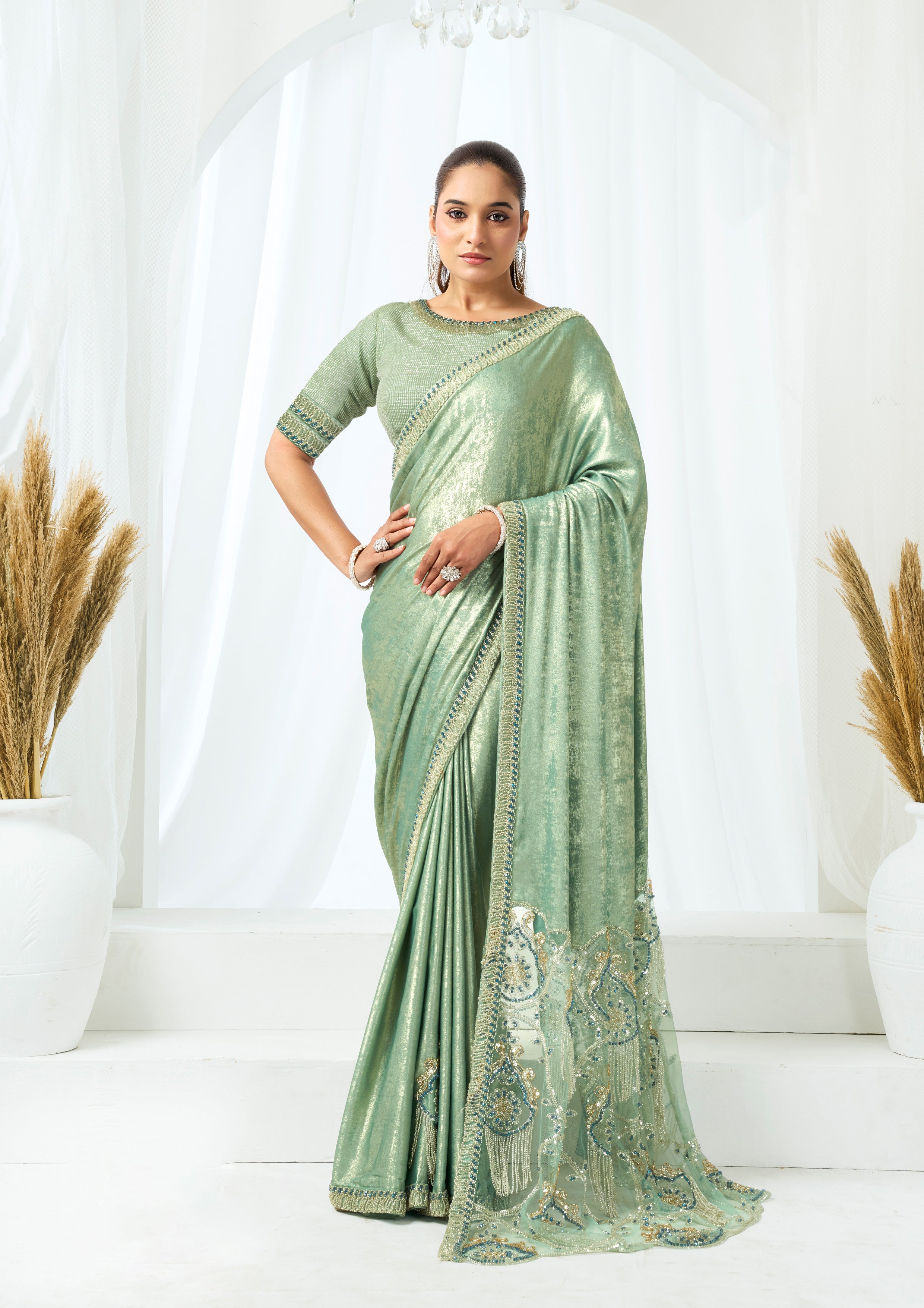 Metallic Mint Green Embellished Satin Silk Saree