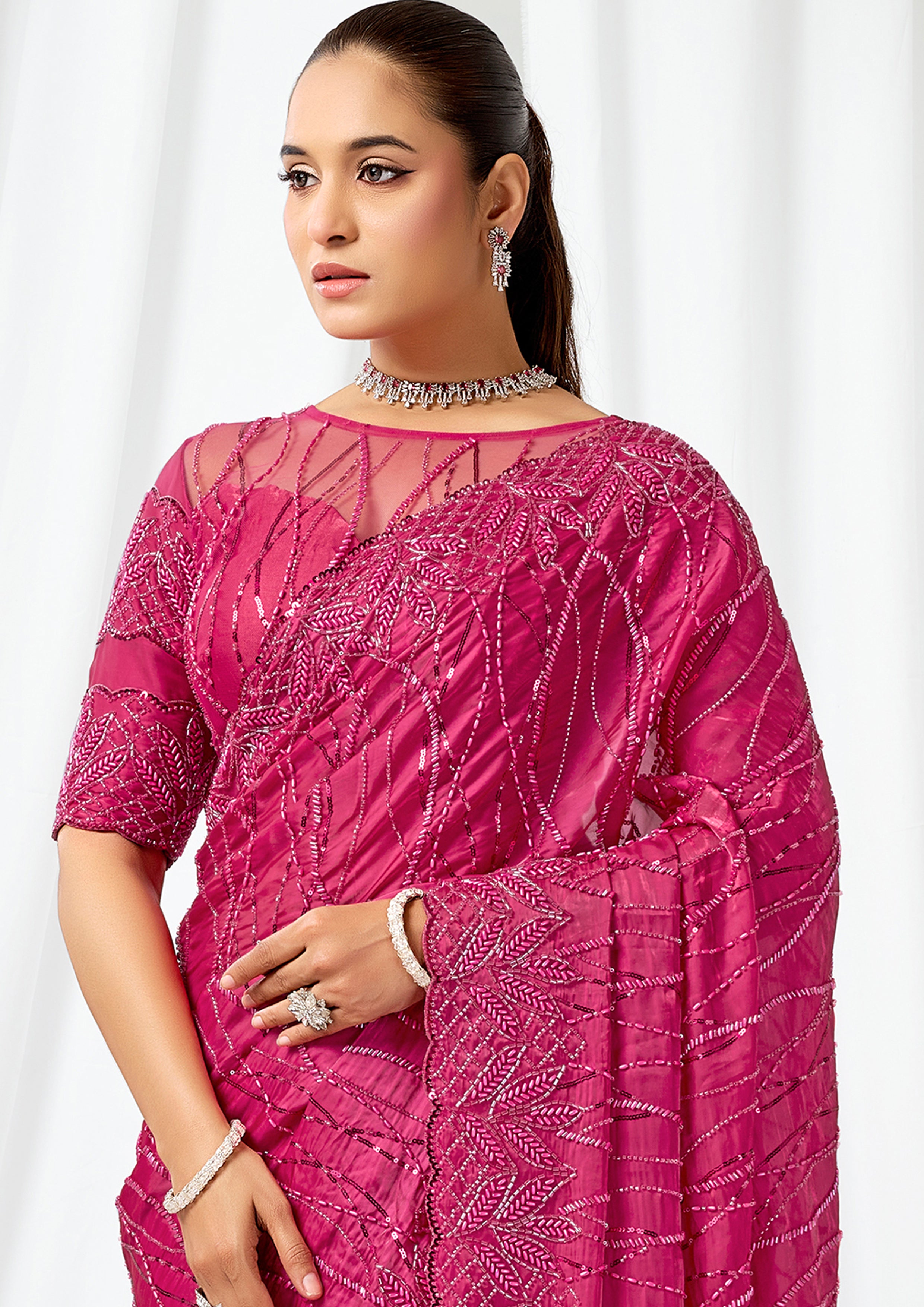 Radiant Fuchsia Embellished Crystal Satin Saree