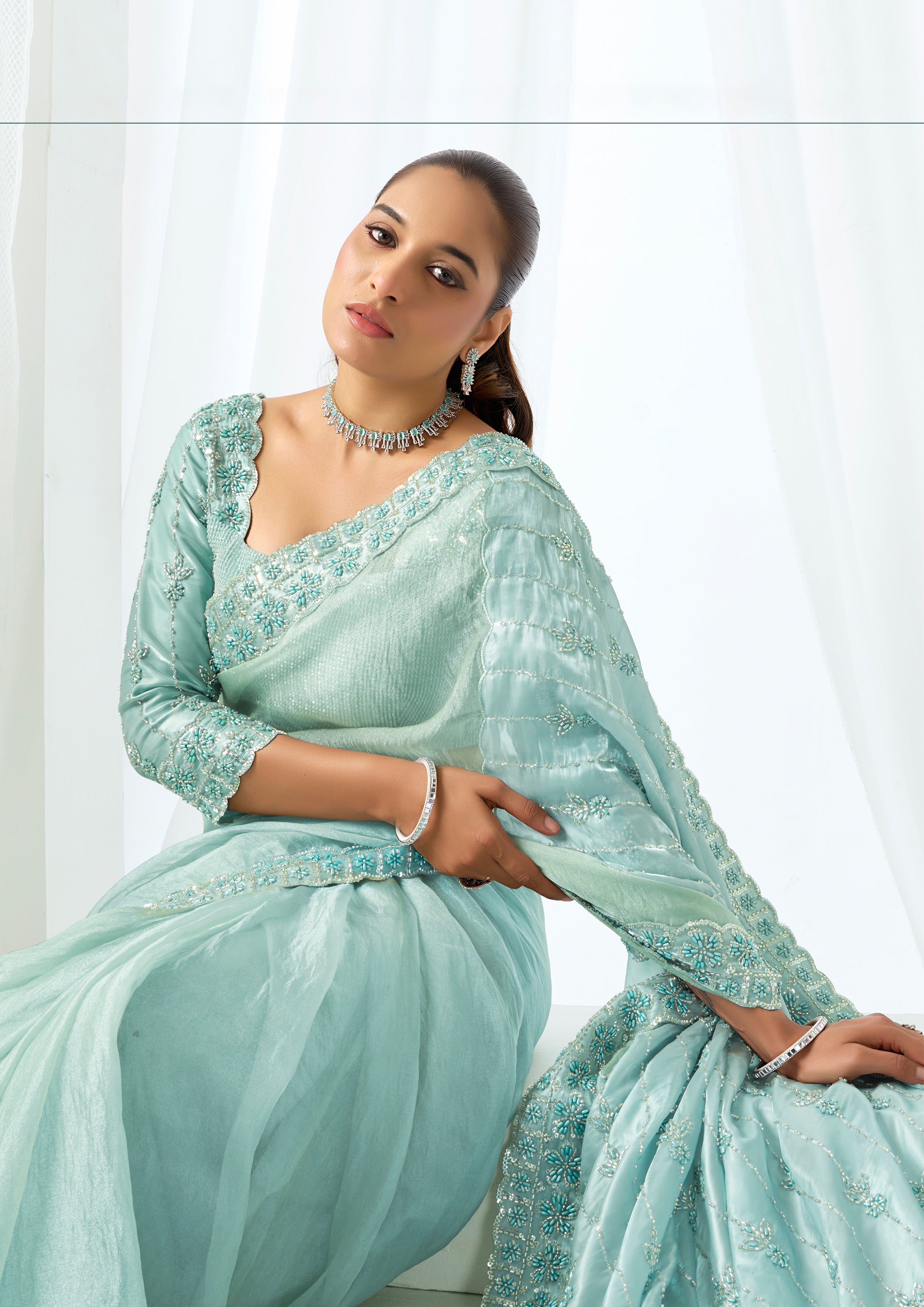Seafoam Pearl Embellished Organza Satin Saree