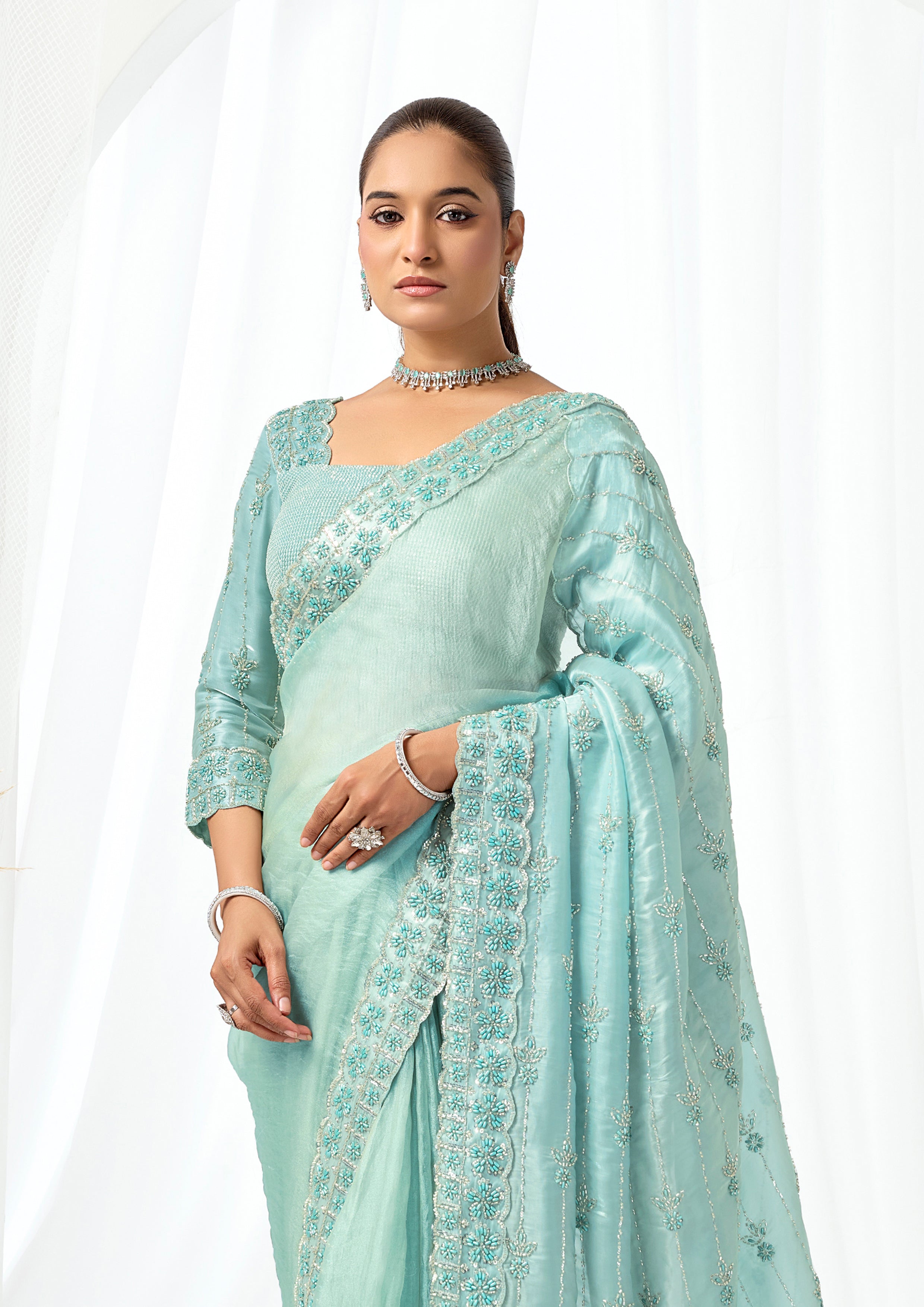 Seafoam Pearl Embellished Organza Satin Saree