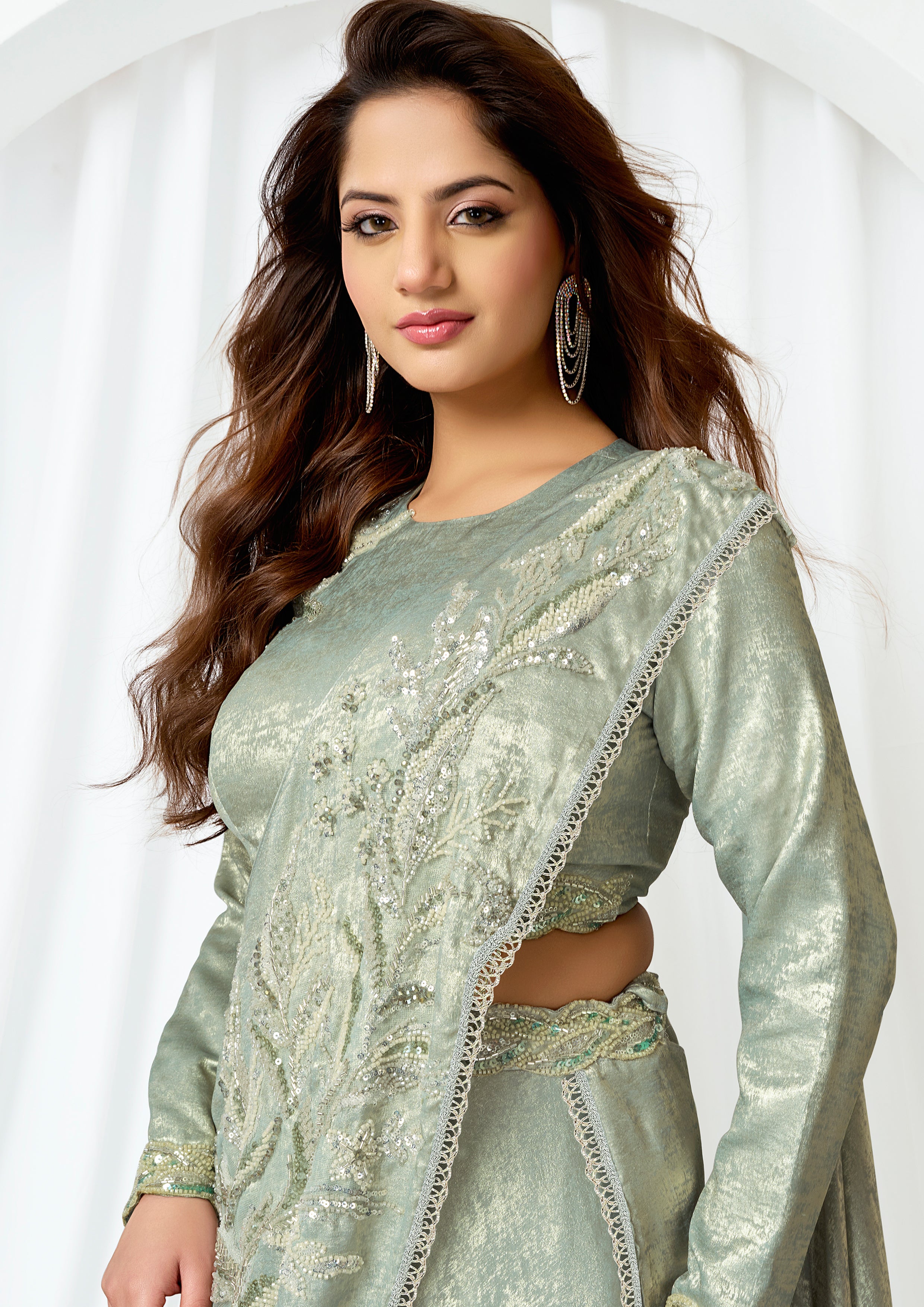 Pastel Green Embellished Metallic Satin Silk Lehenga Saree