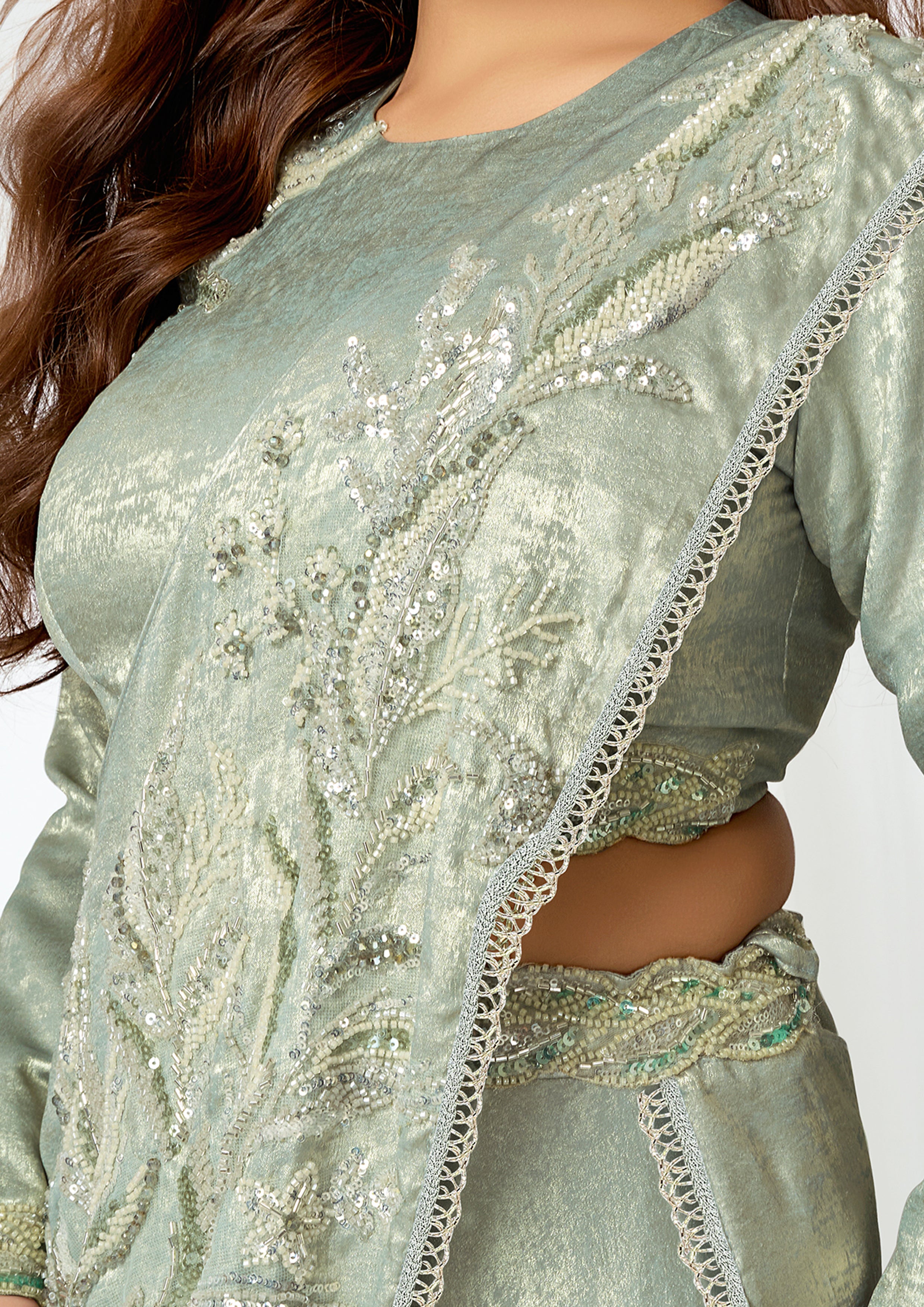 Pastel Green Embellished Metallic Satin Silk Lehenga Saree