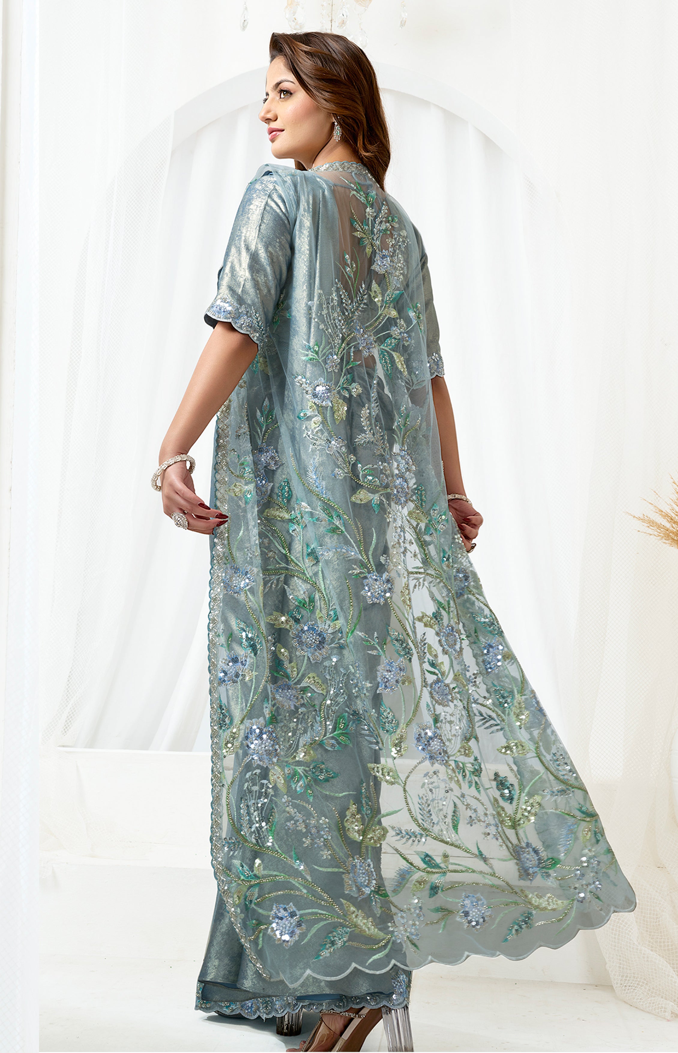 Metallic Grey Embellished Metallic Satin Silk Saree