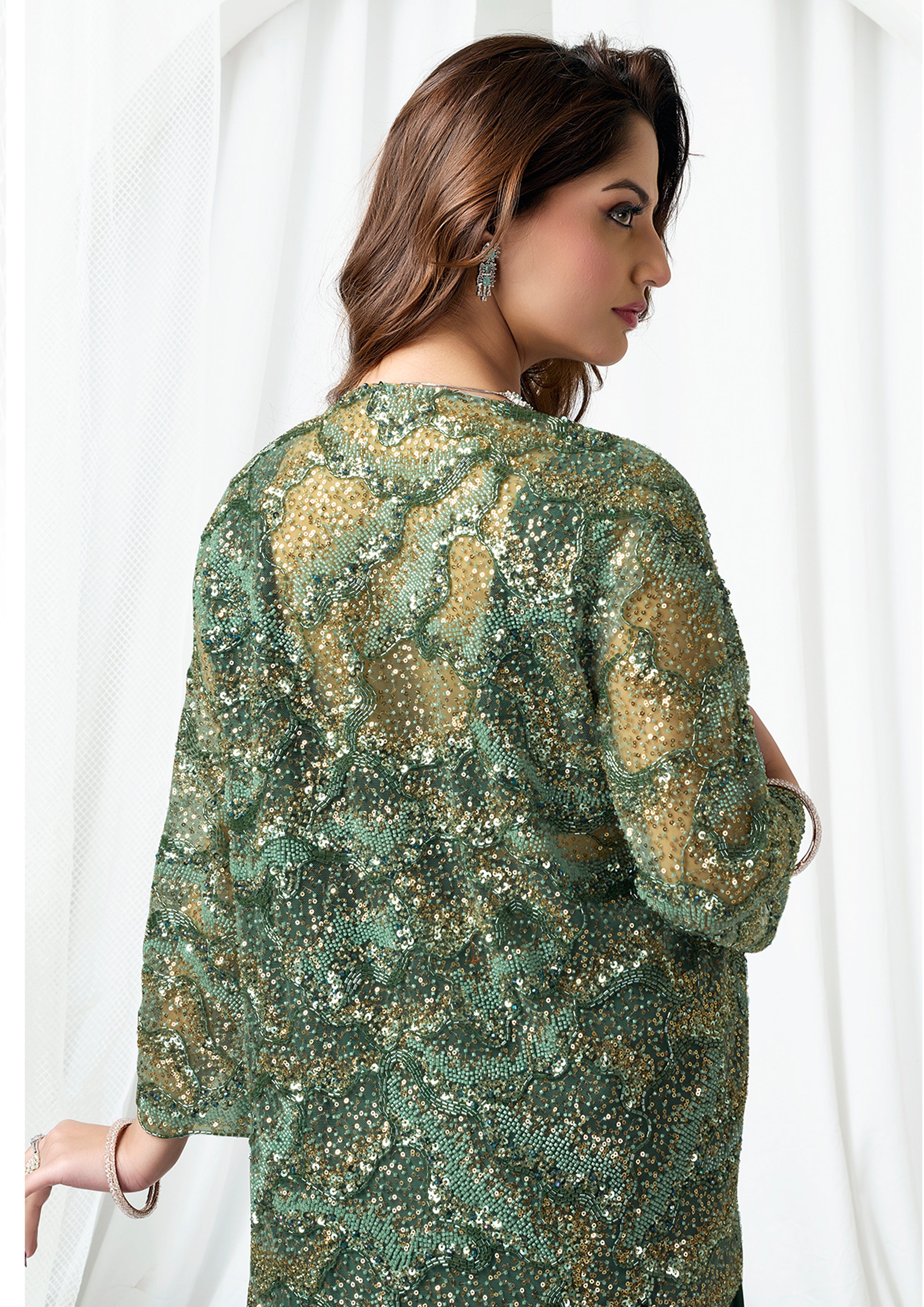 Bottle Green Embellished Metallic Satin Silk Saree