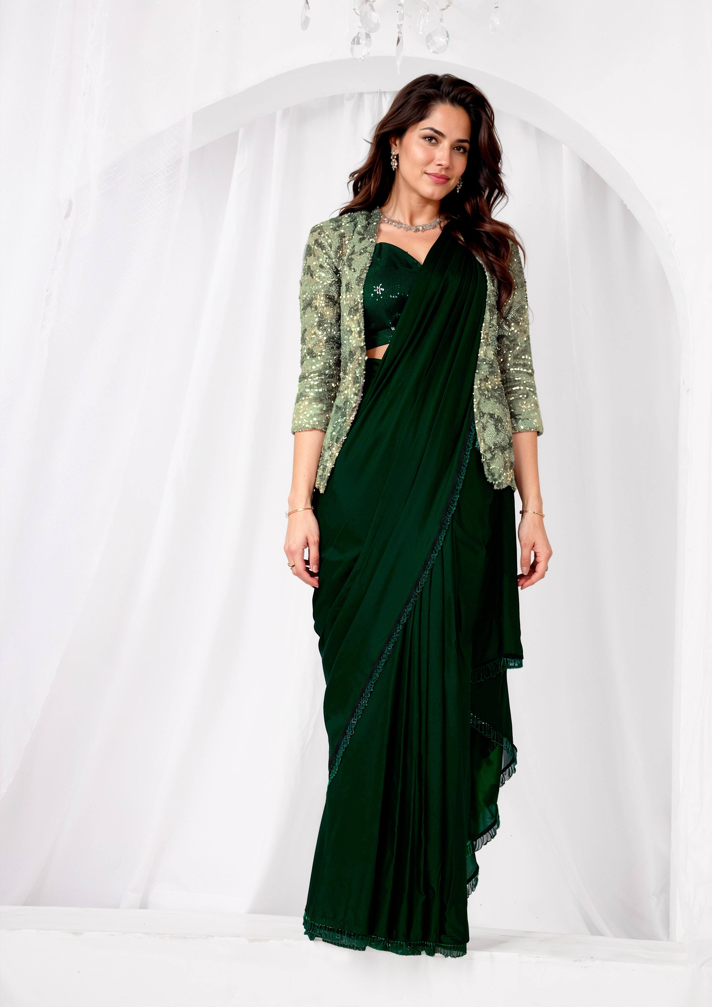 Bottle Green Embellished Metallic Satin Silk Saree