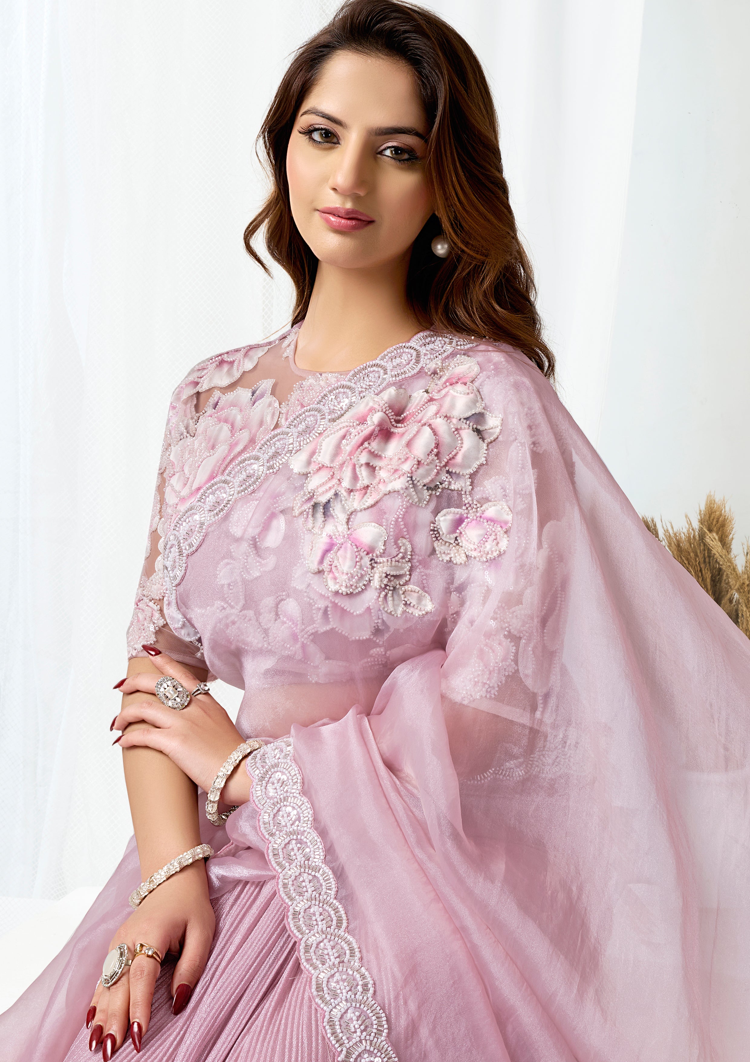Blush Pink Embellished Shimmer Organza Silk Saree