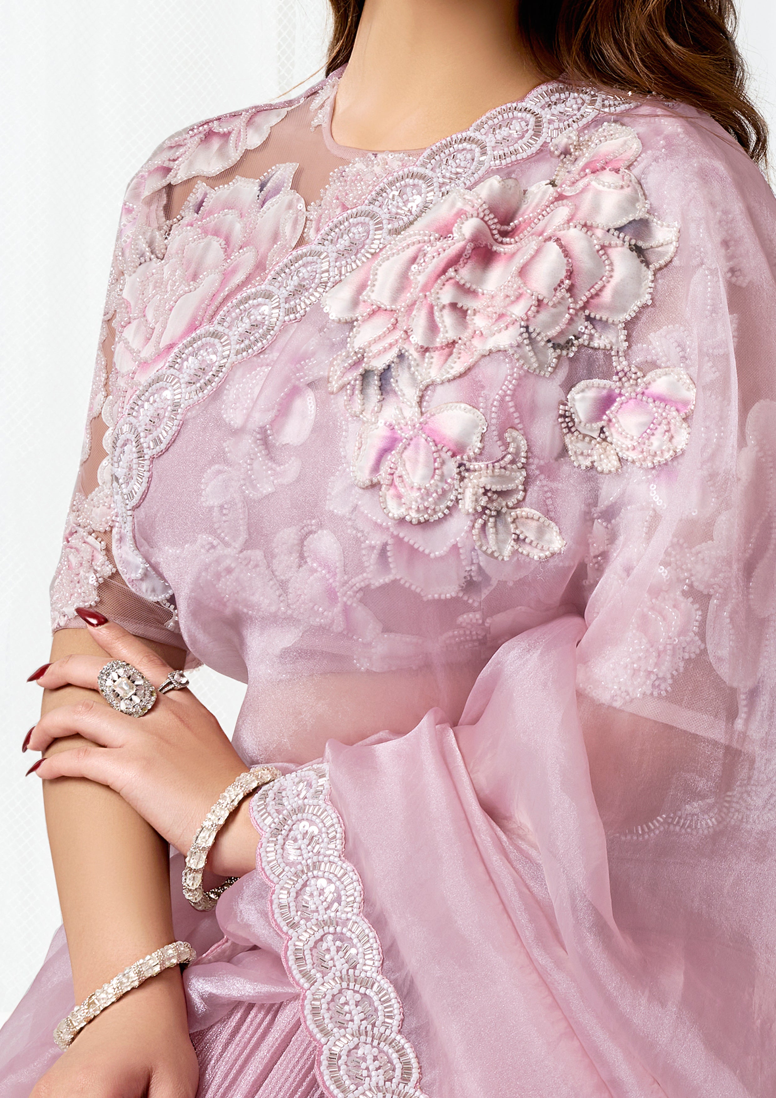 Blush Pink Embellished Shimmer Organza Silk Saree