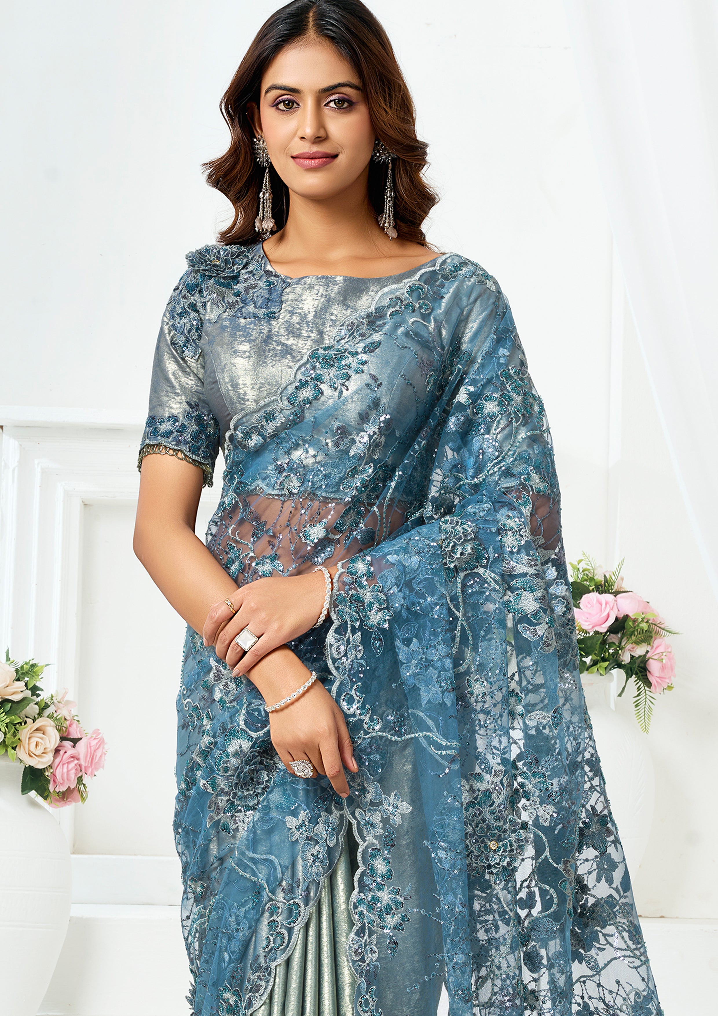 Metallic Grey Embellished Metallic Satin Silk  Saree
