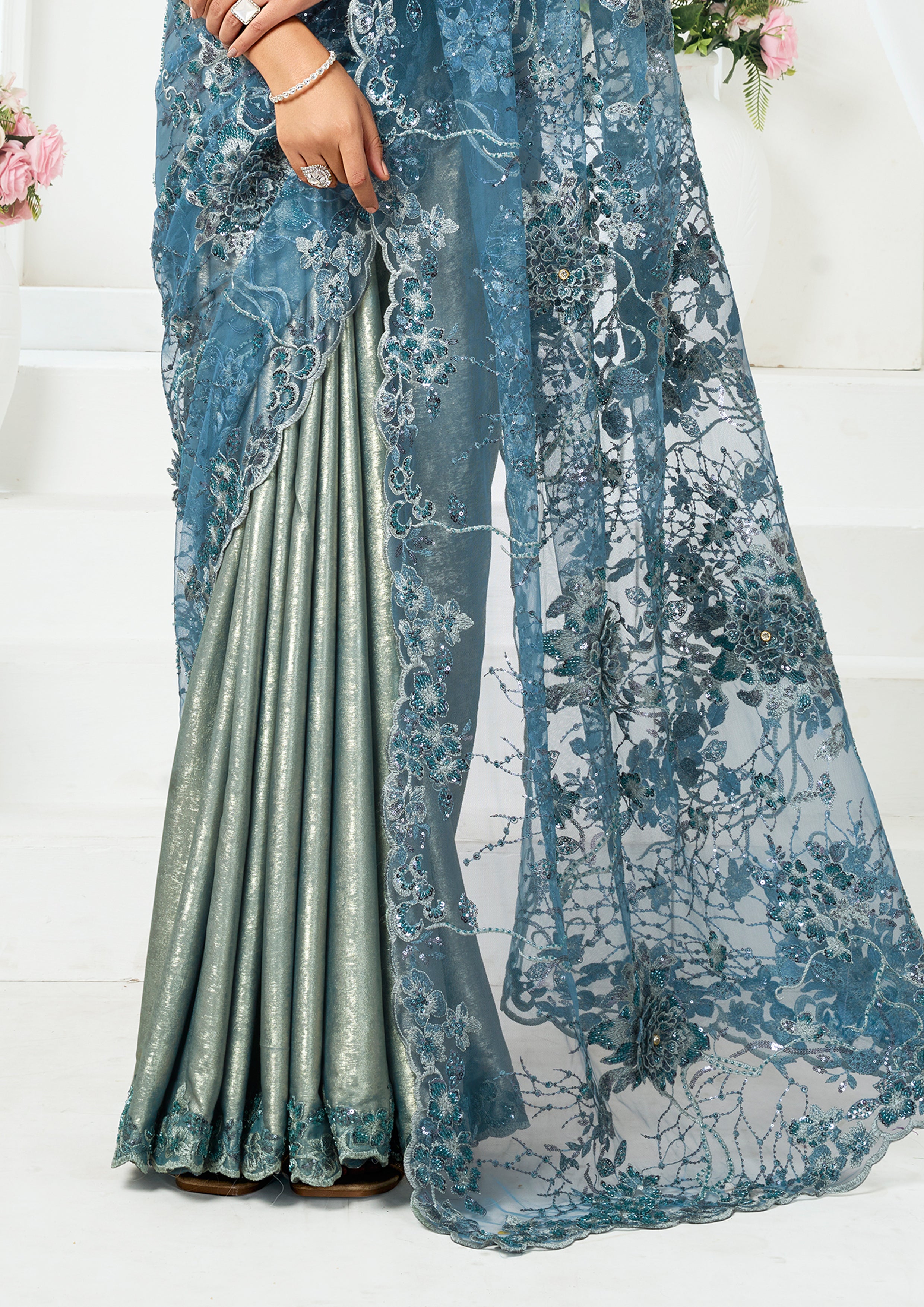 Metallic Grey Embellished Metallic Satin Silk  Saree