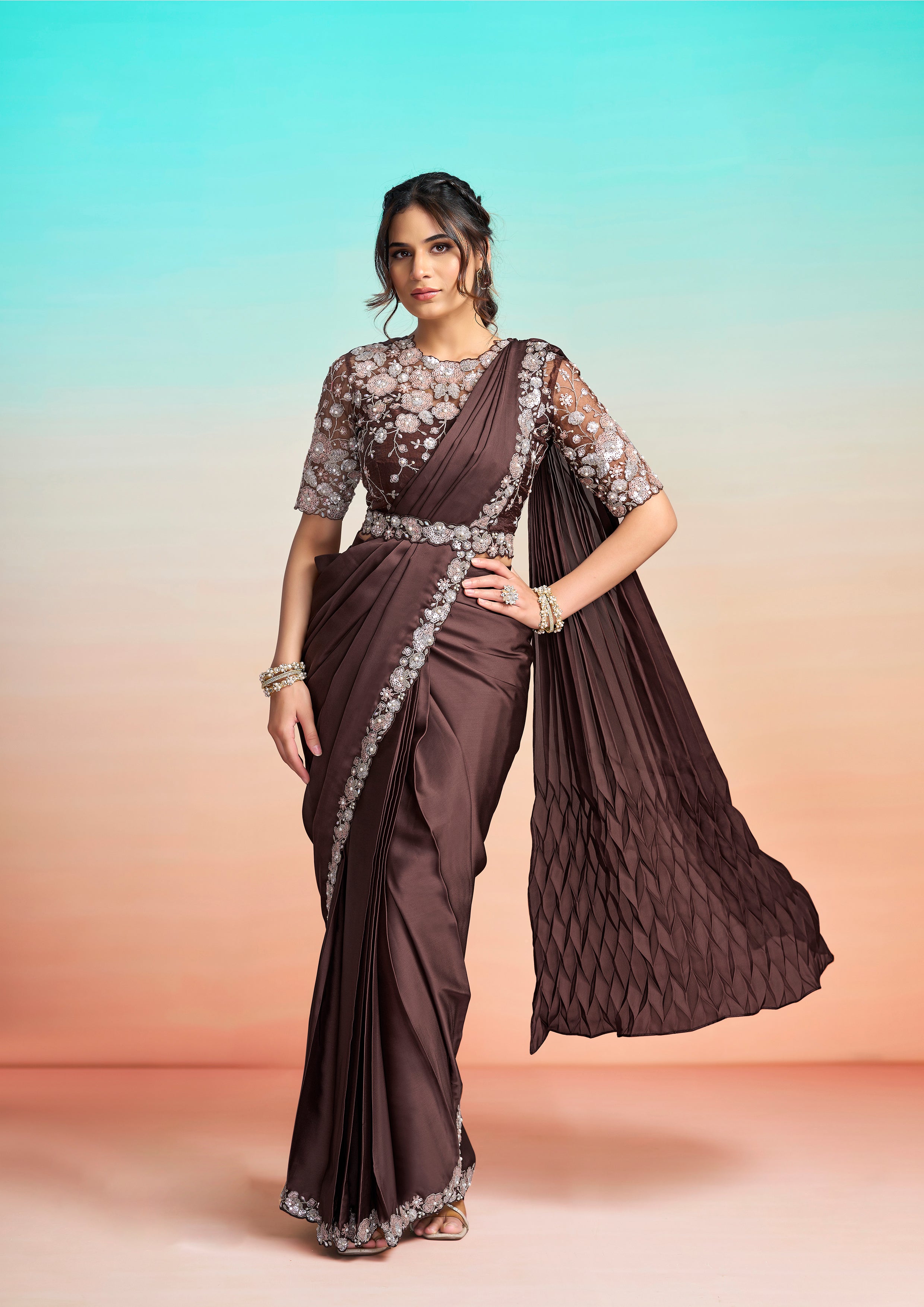 Cocoa Brown Embellished Satin Silk Saree
