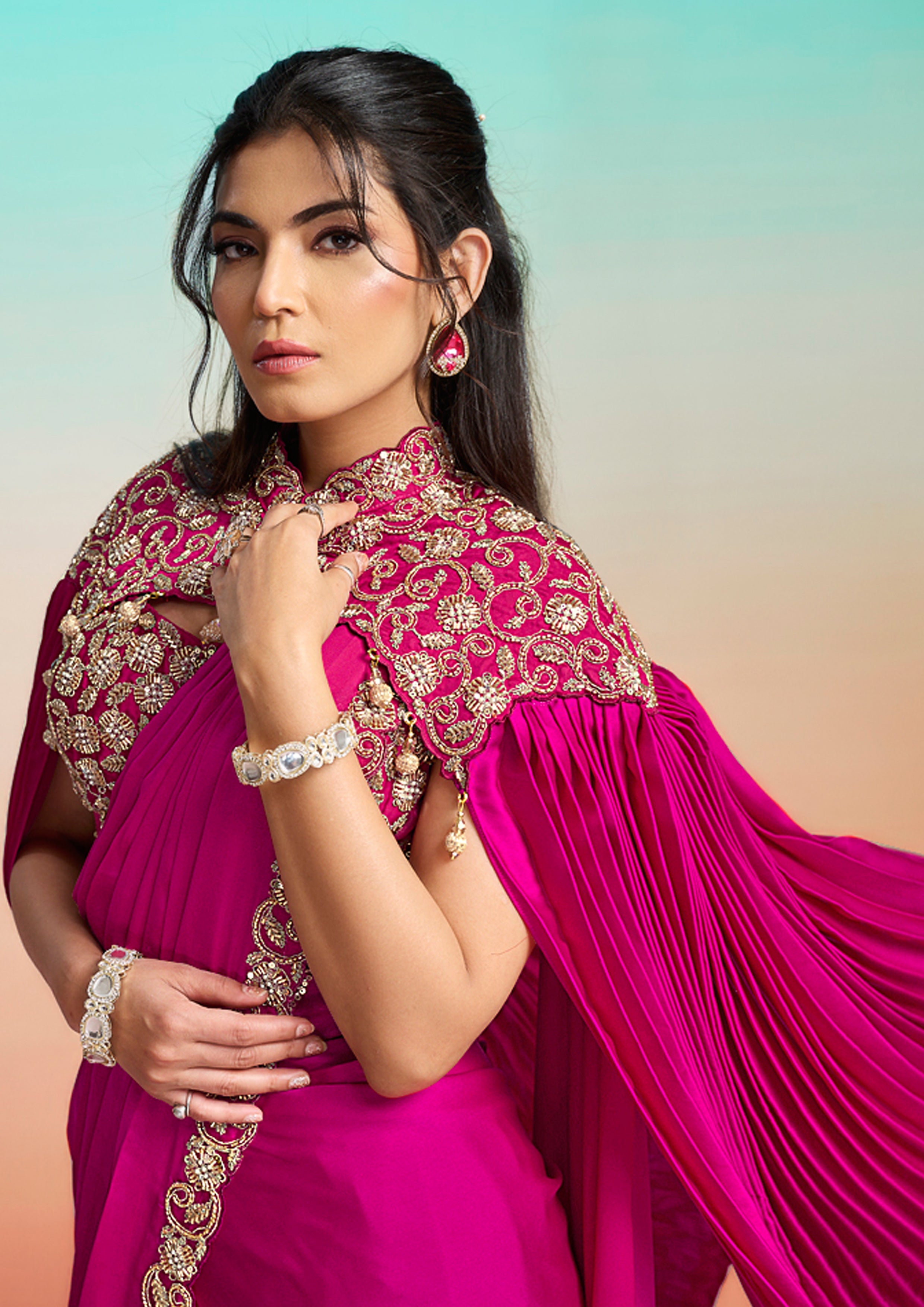 Pop Pink Embellished Satin Silk Saree