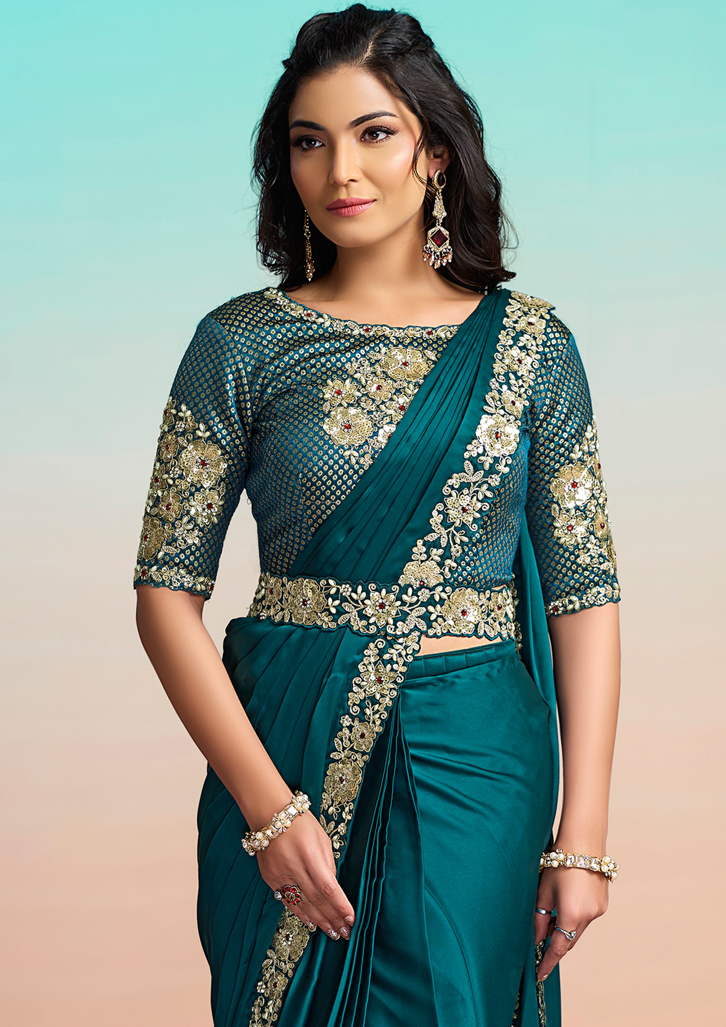 Peacock Blue Embellished Satin Silk Draped Saree