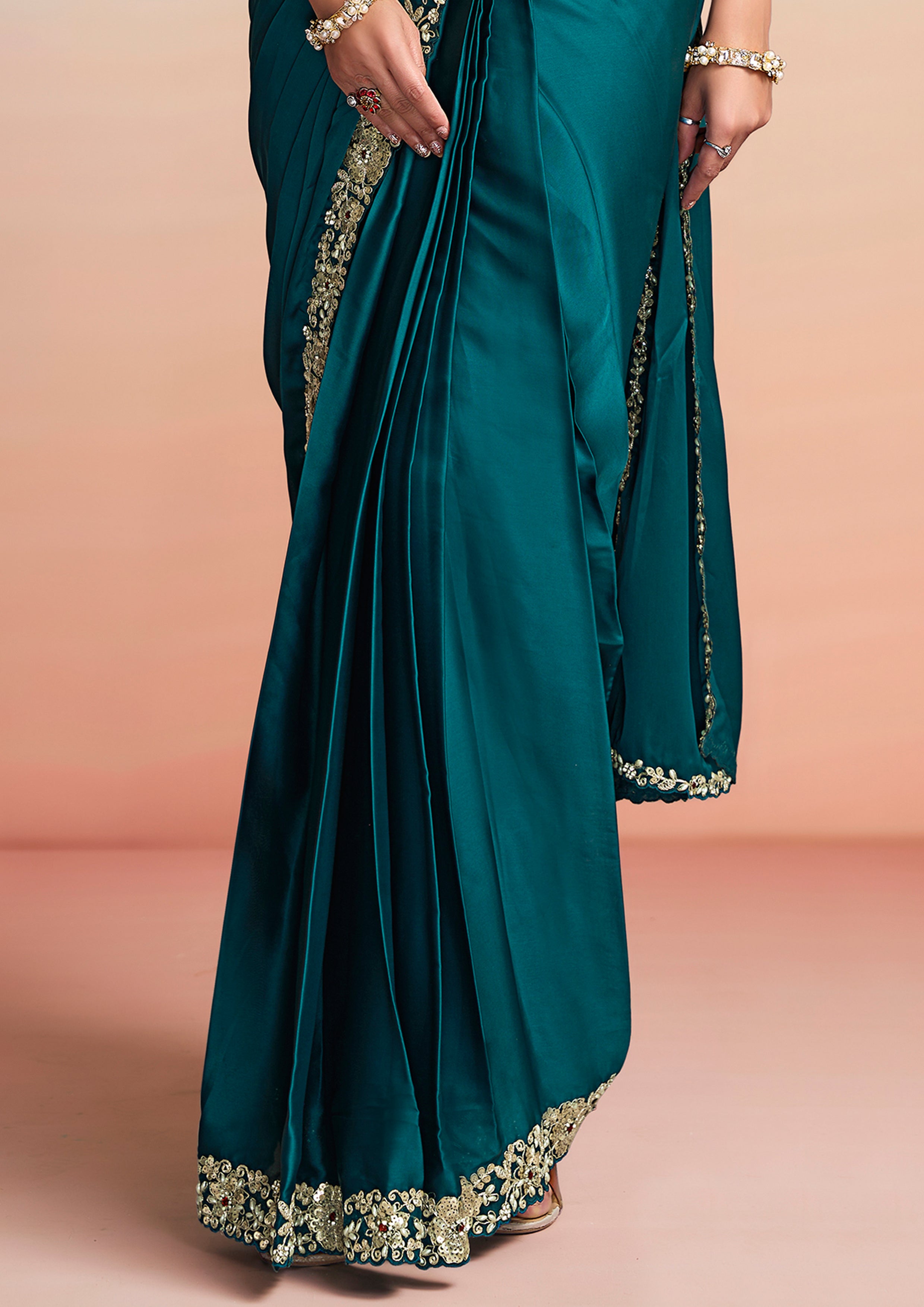 Peacock Blue Embellished Satin Silk Draped Saree